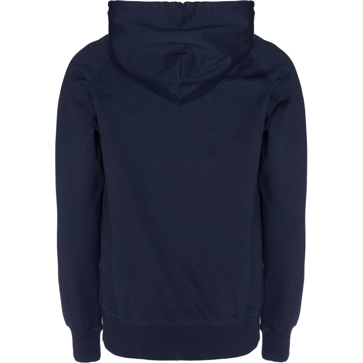 A navy hoodie featuring a hood and a simple, unadorned design, with cuffs and a hem.