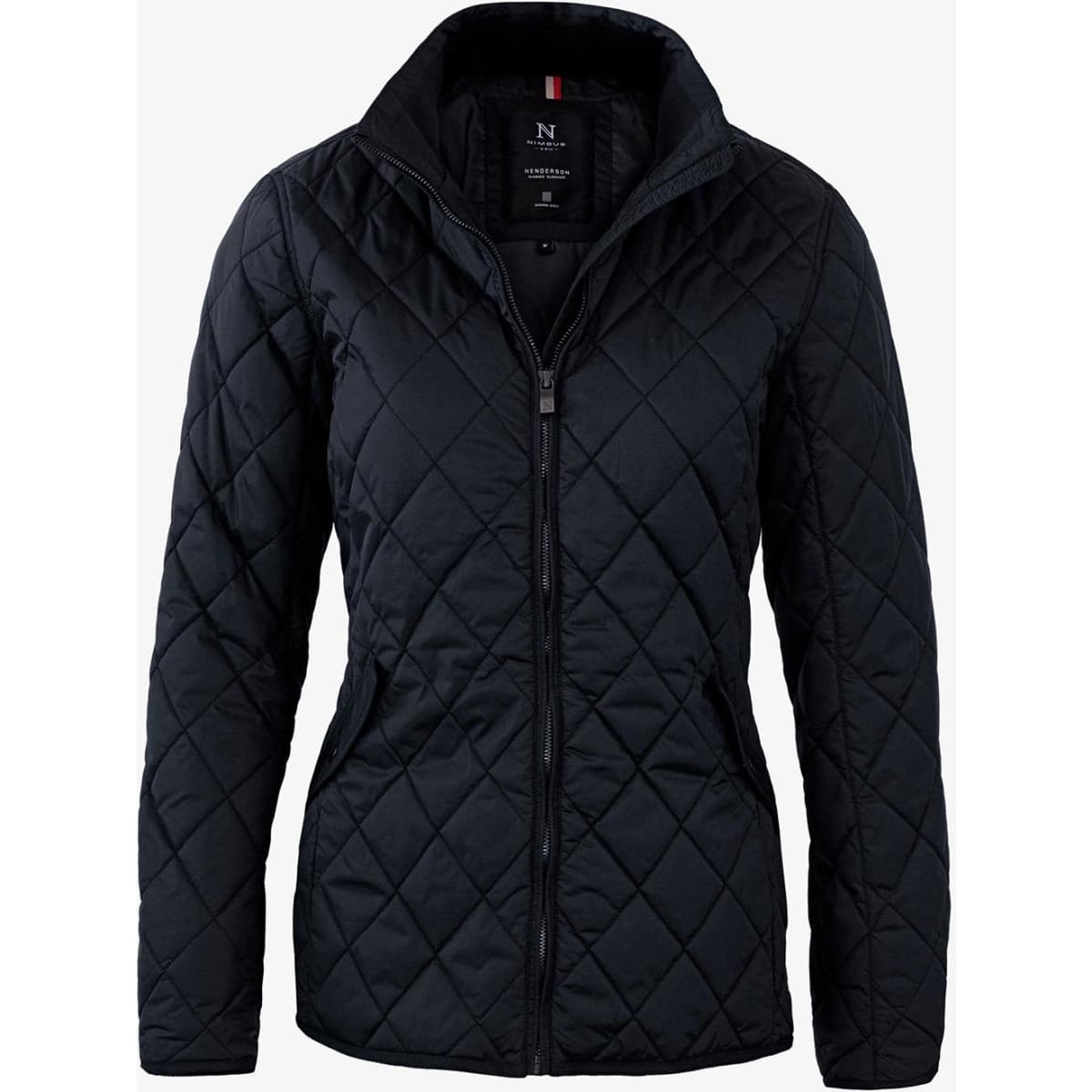 A black women's quilted jacket with a zip front and a stand collar, featuring a logo on the inner label.