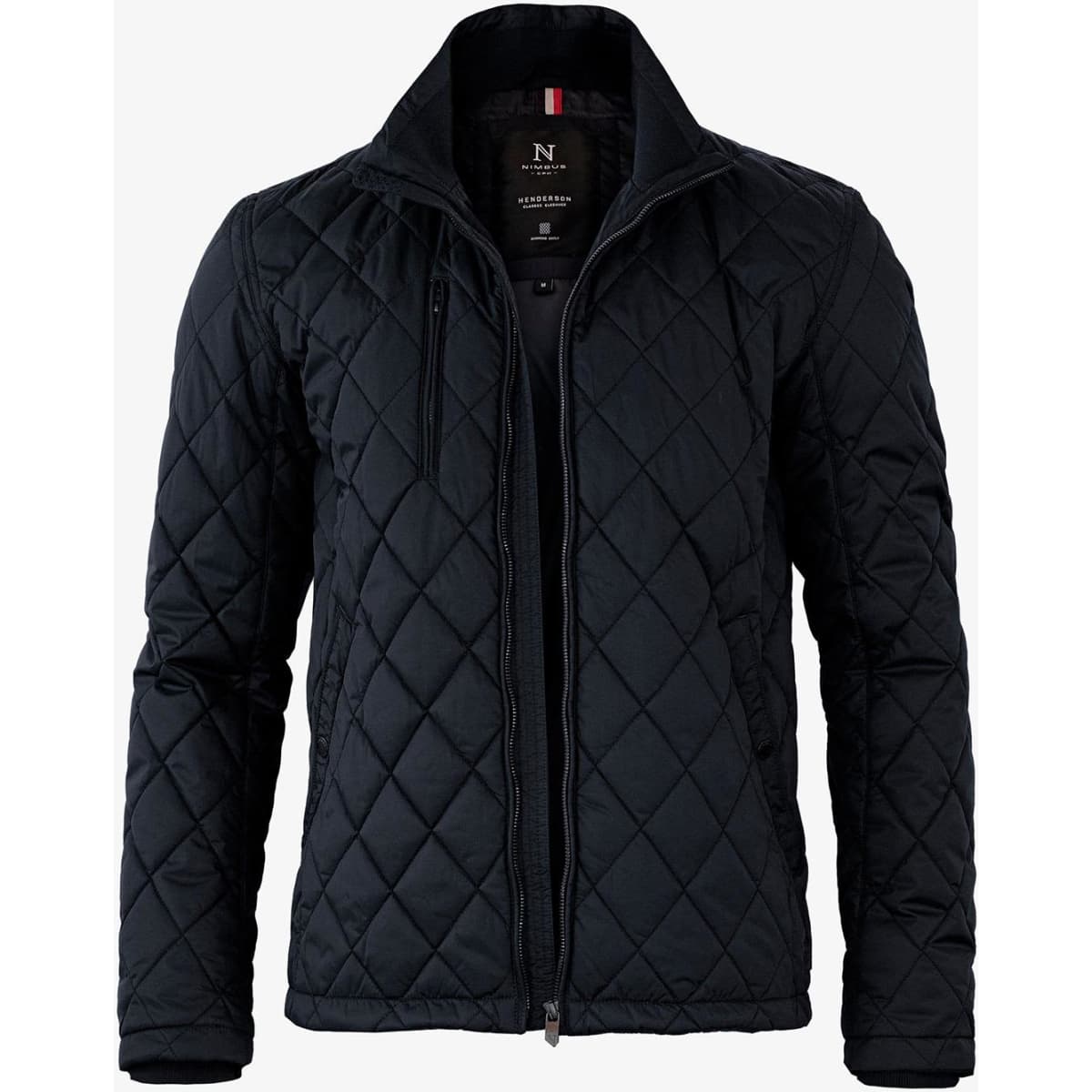 A quilted men's jacket in navy blue, featuring a zip front, high collar, and one logo on the chest.