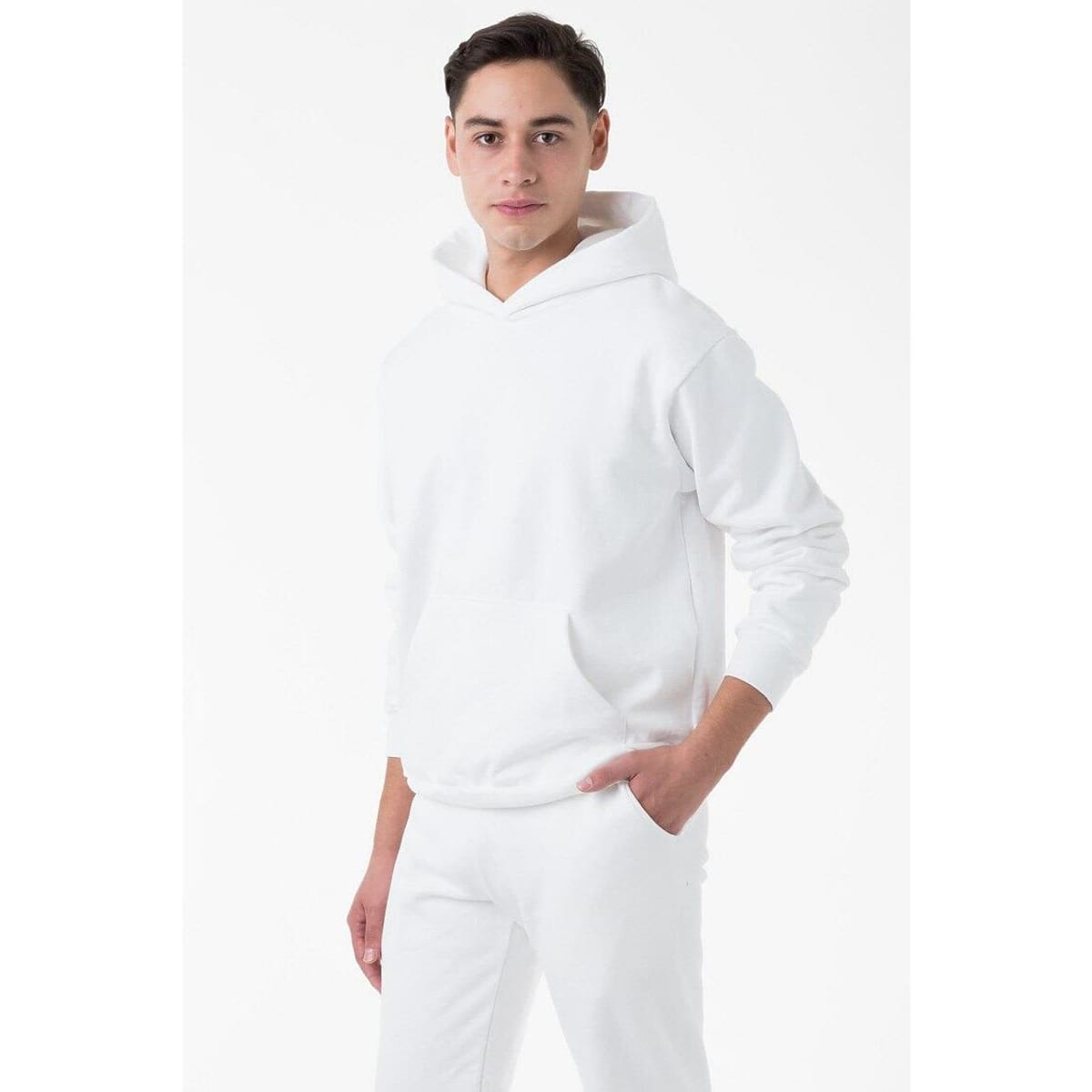 A white heavy fleece hood pullover worn by a model, set against a plain white background. It features a logo.