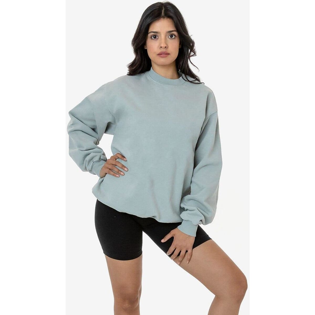 A light grey heavy fleece pullover with a relaxed fit, featuring long sleeves and a crew neckline.