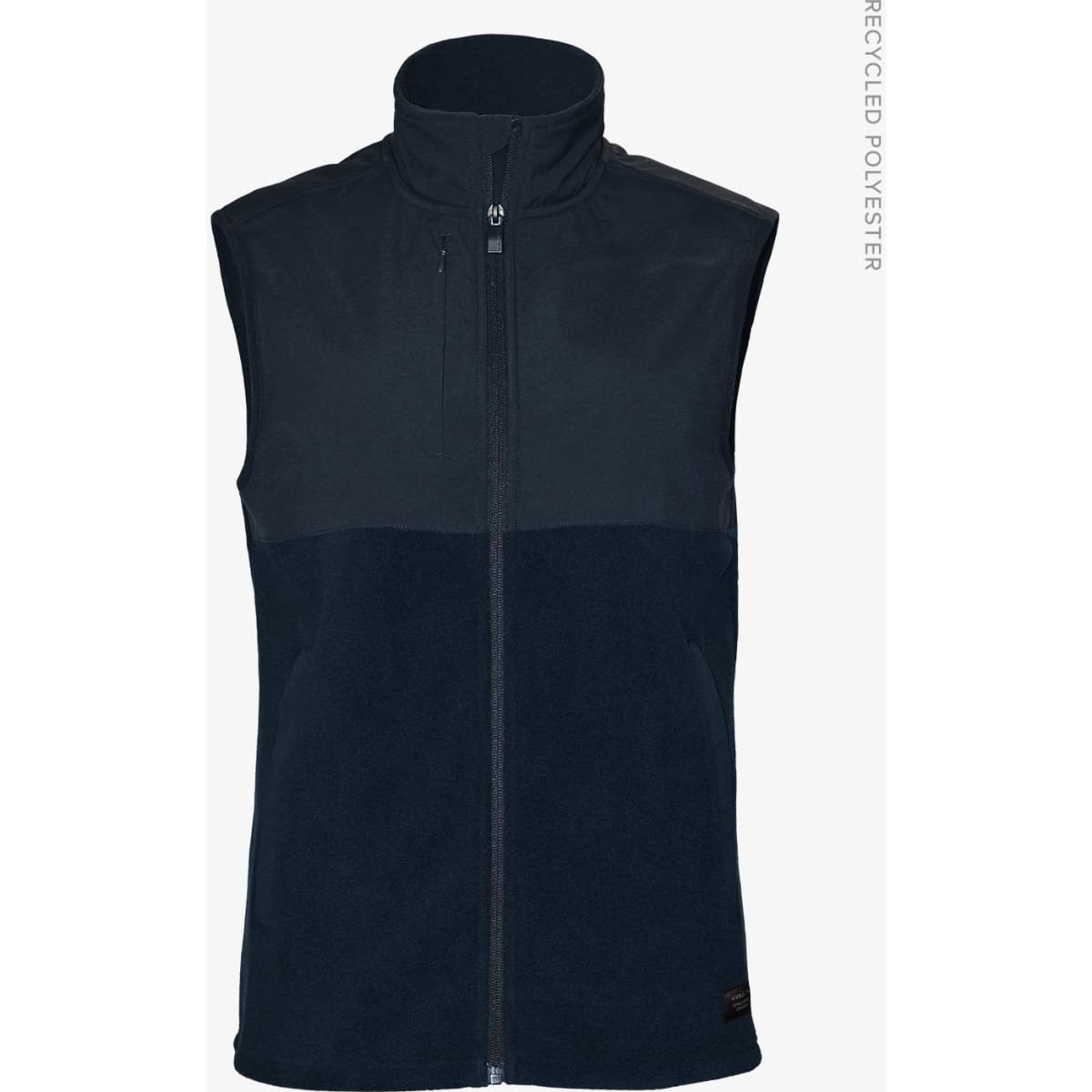 A dark navy unisex vest with a high collar and zippered front, featuring a logo on the lower hem.