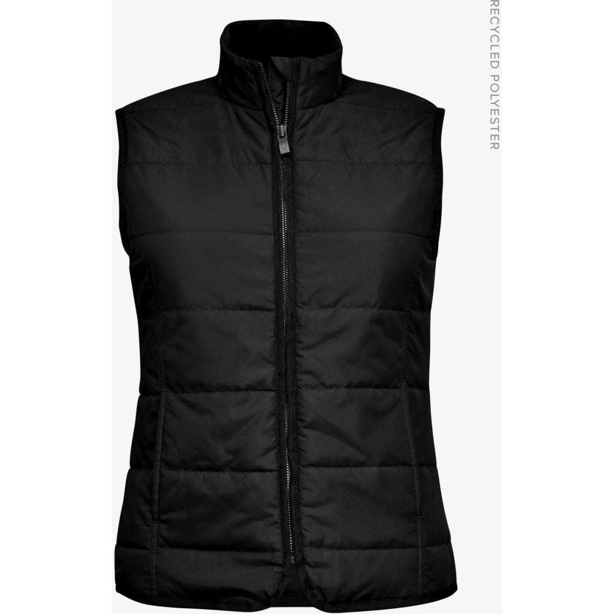 A black women's vest with a zip front and a sleeveless design, featuring a logo.