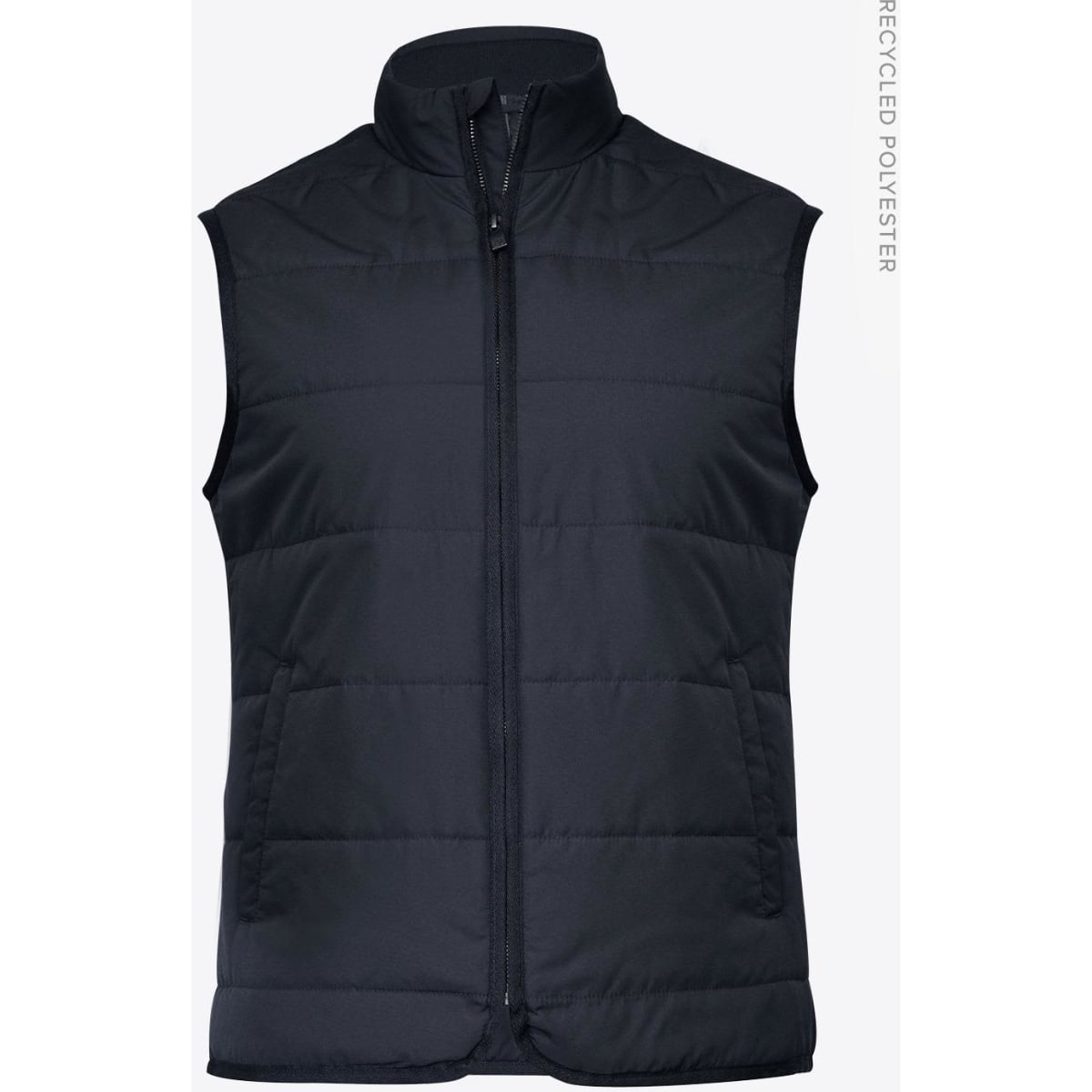 A navy blue padded vest with a high collar, featuring a front zipper and a logo. Made from recycled polyester.