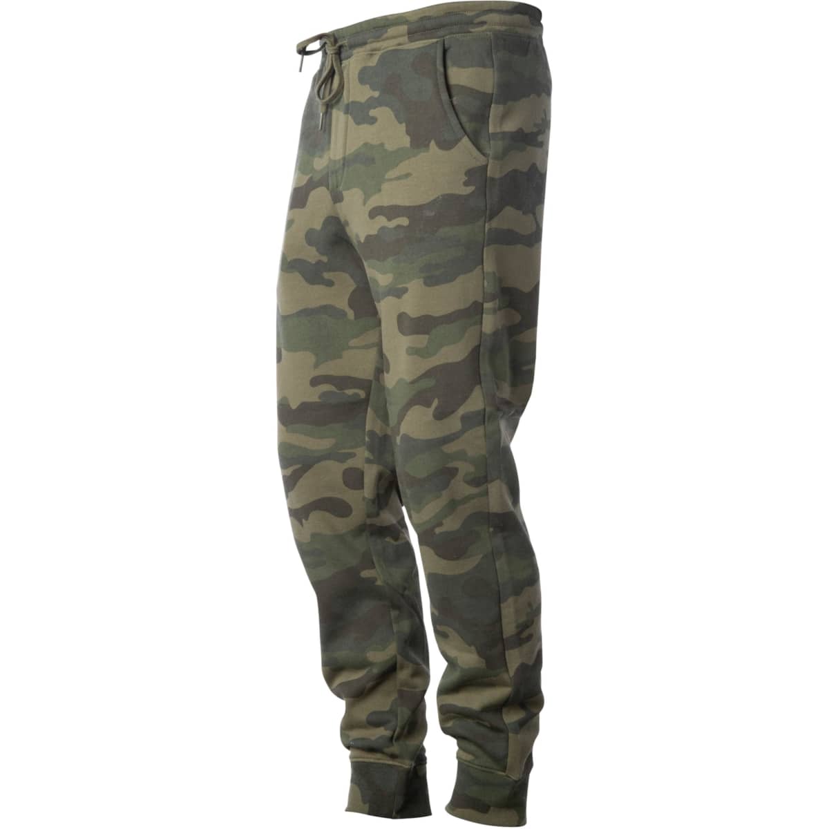 Midweight sweatpants in a camouflage pattern, featuring pockets and an elastic waistband.