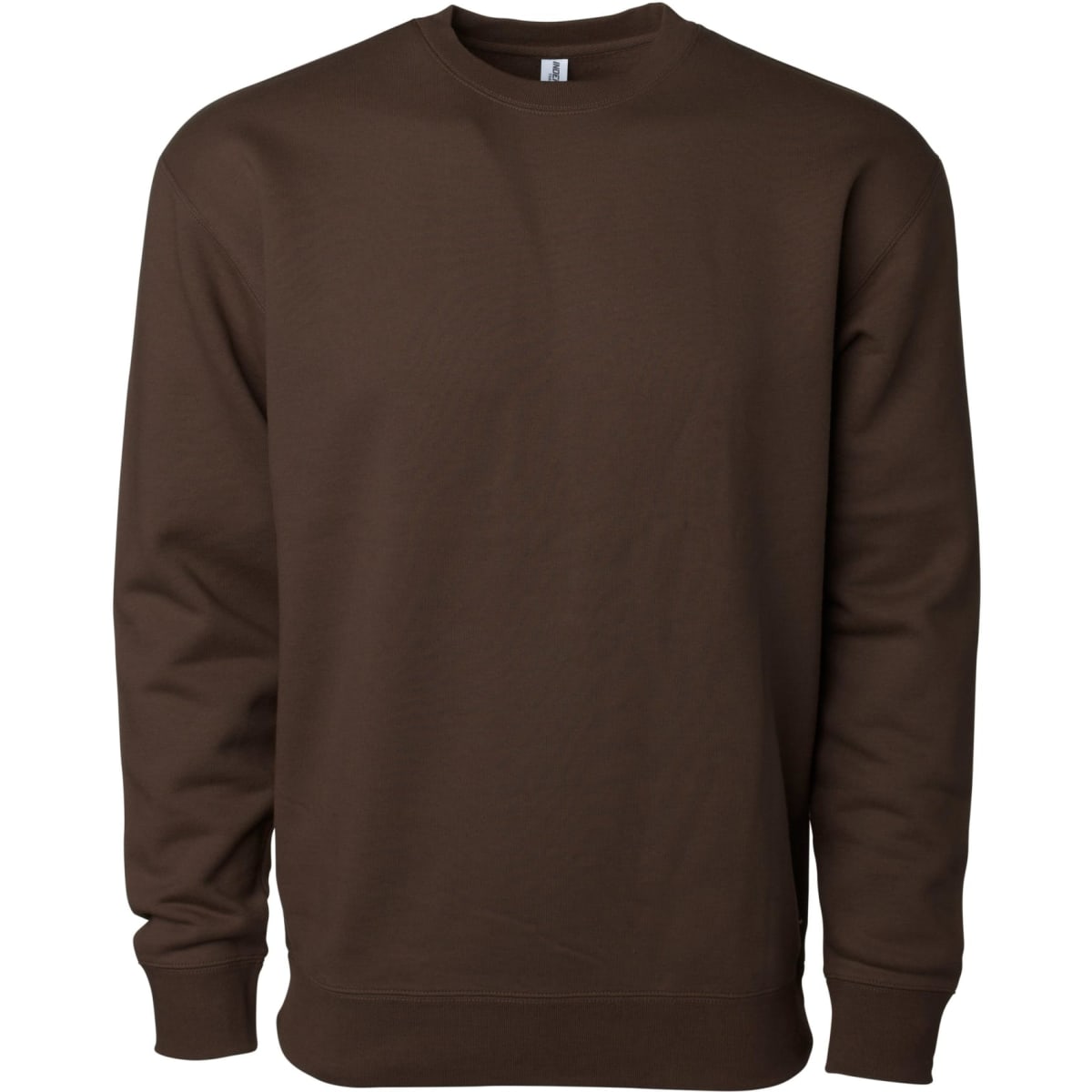 A brown men's heavyweight crew sweatshirt with long sleeves and a simple design, featuring a branding logo.