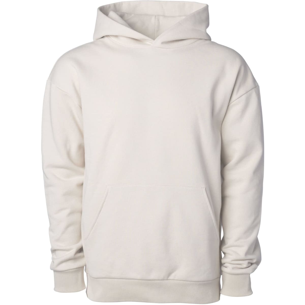 A pullover hood in a light cream colour featuring a front pocket and an attached hood. It has a logo.