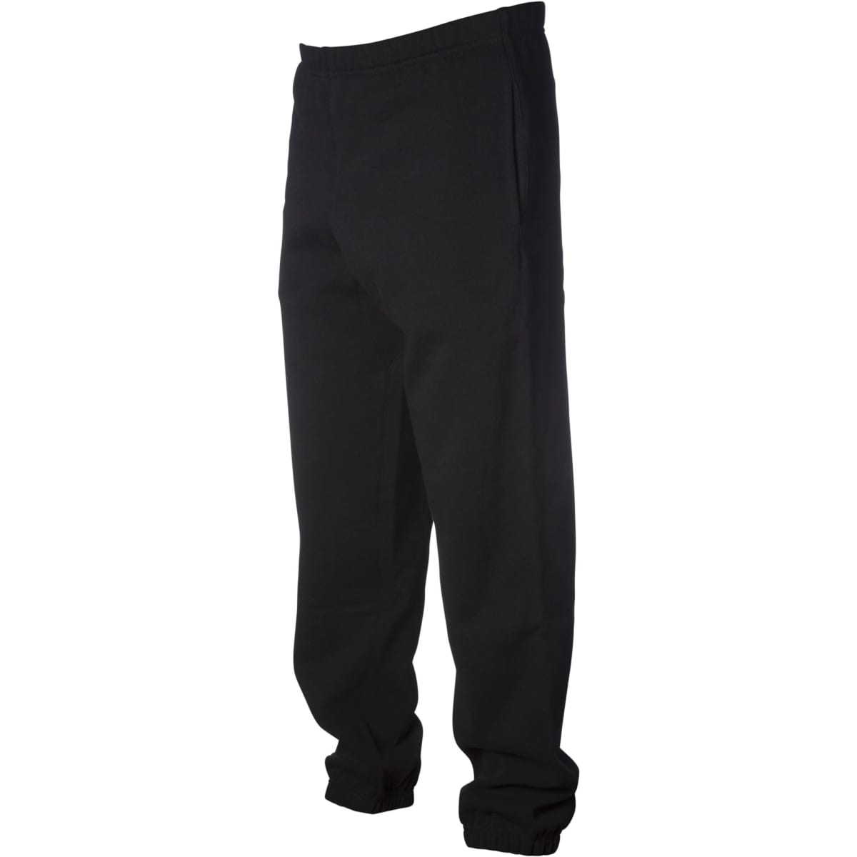 A pair of heavyweight black pants with a relaxed fit and elastic waistband.
