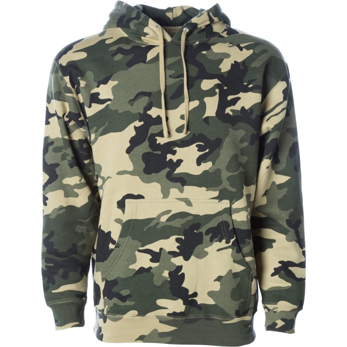 A heavyweight pullover hood in a camouflage pattern featuring shades of green and tan. It has a front pocket and a hood.