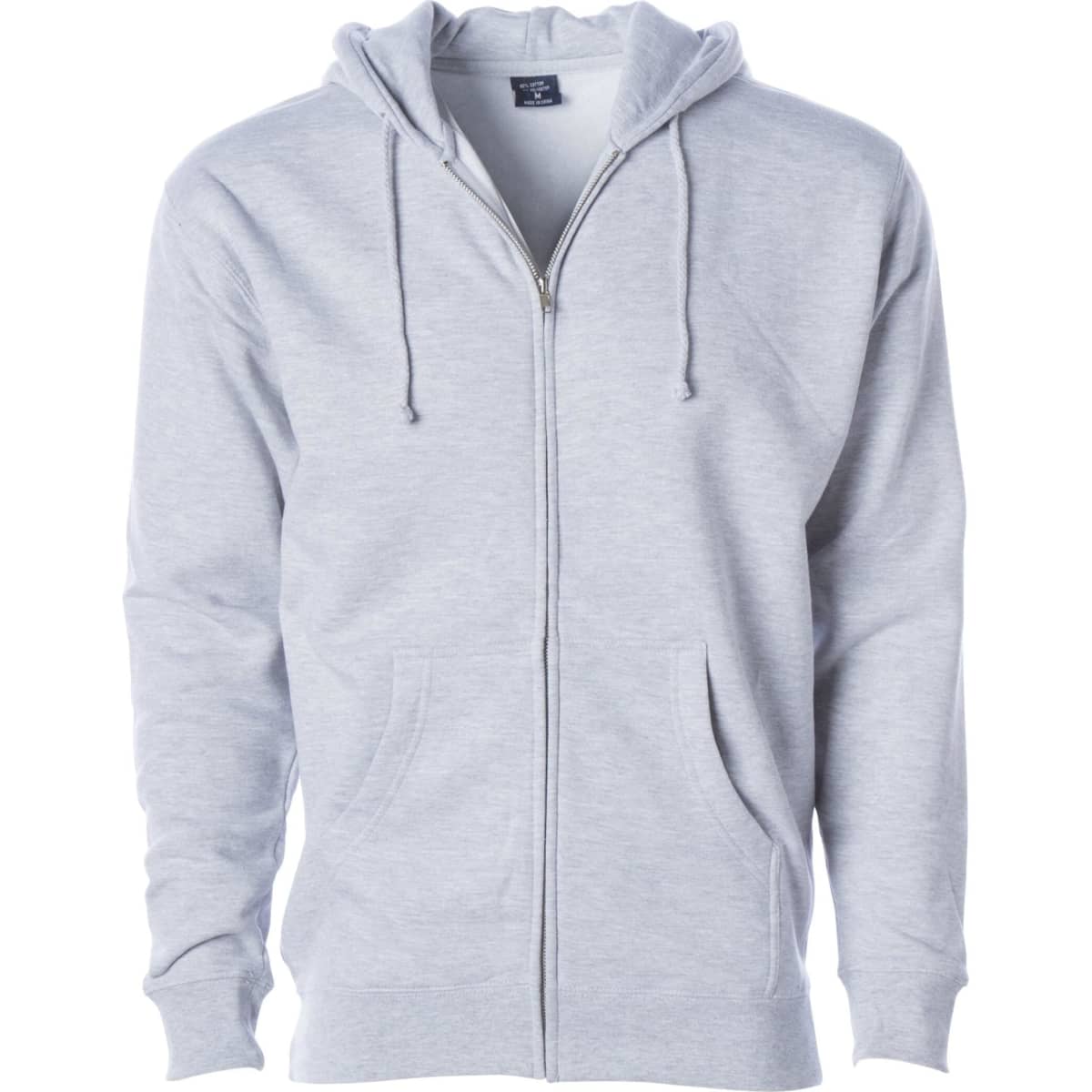 A grey heavyweight zip hoodie featuring a drawstring hood and front pockets, with a logo on the label.