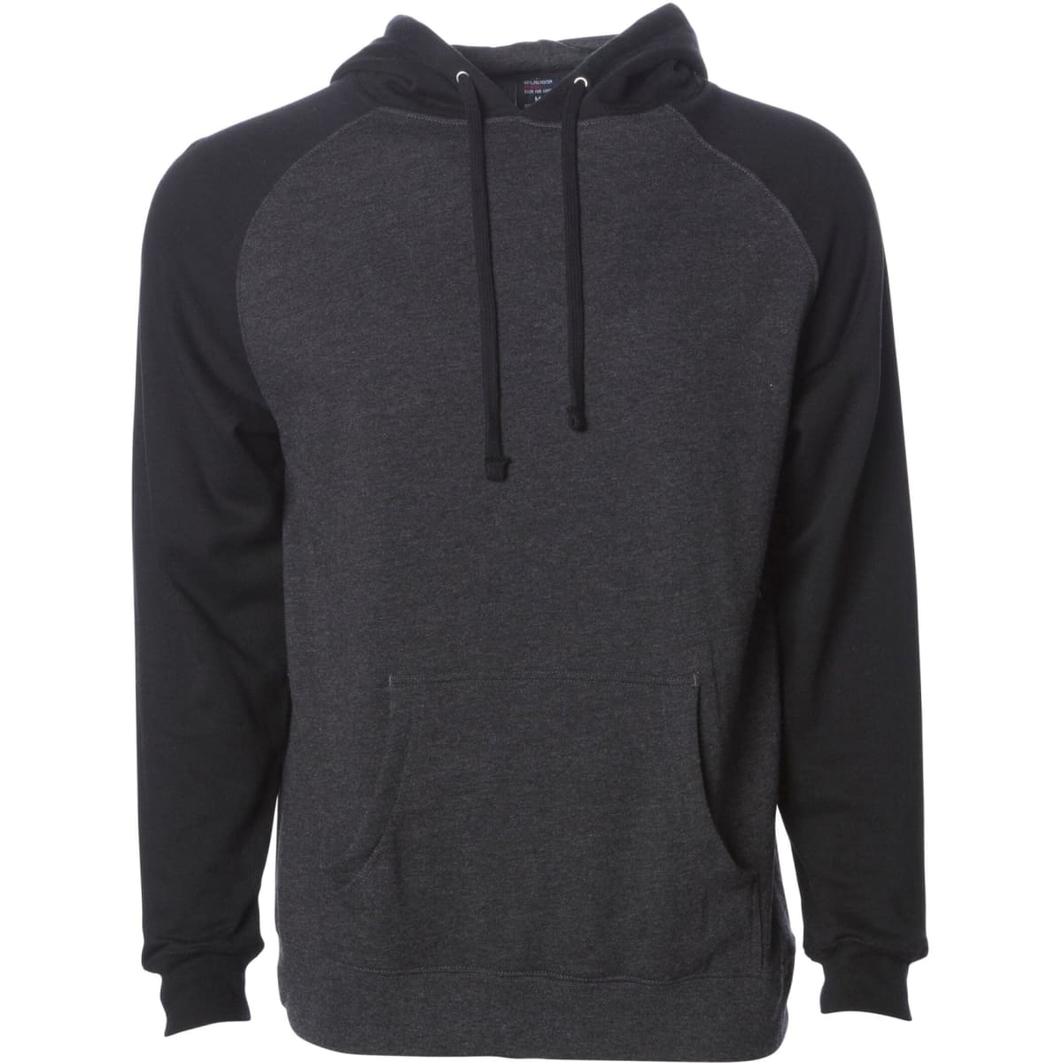 A raglan sleeve pullover hood in charcoal grey with black sleeves, featuring a front pocket and a drawstring hood.
