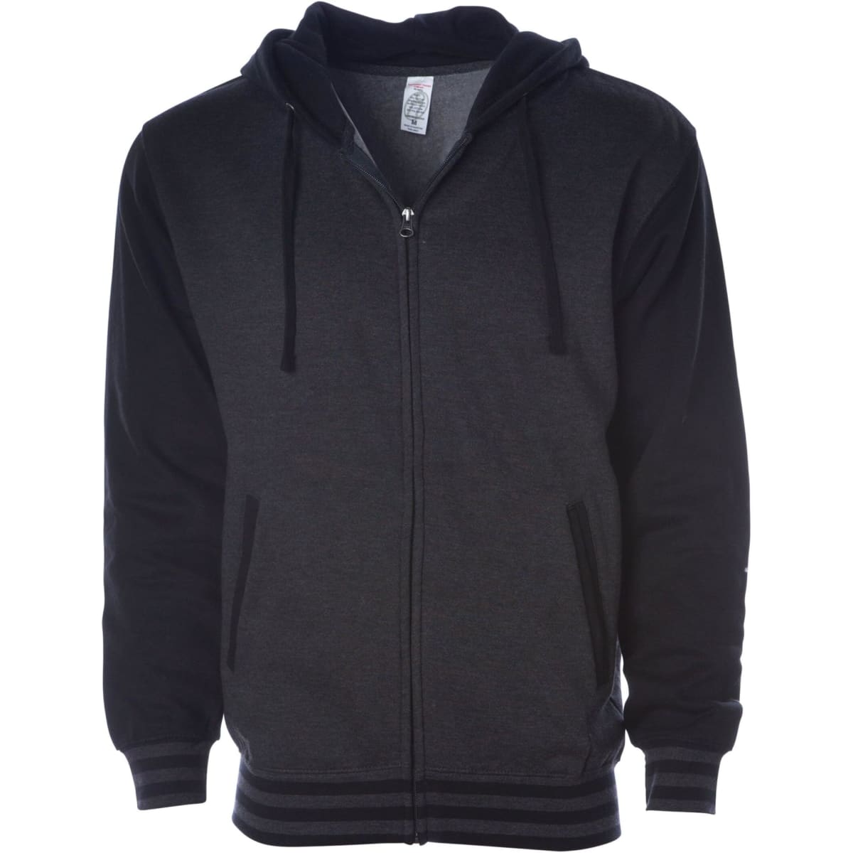 A unisex varsity zip hood in shades of black, featuring a zip front, hood, and long sleeves. It has a branding logo.