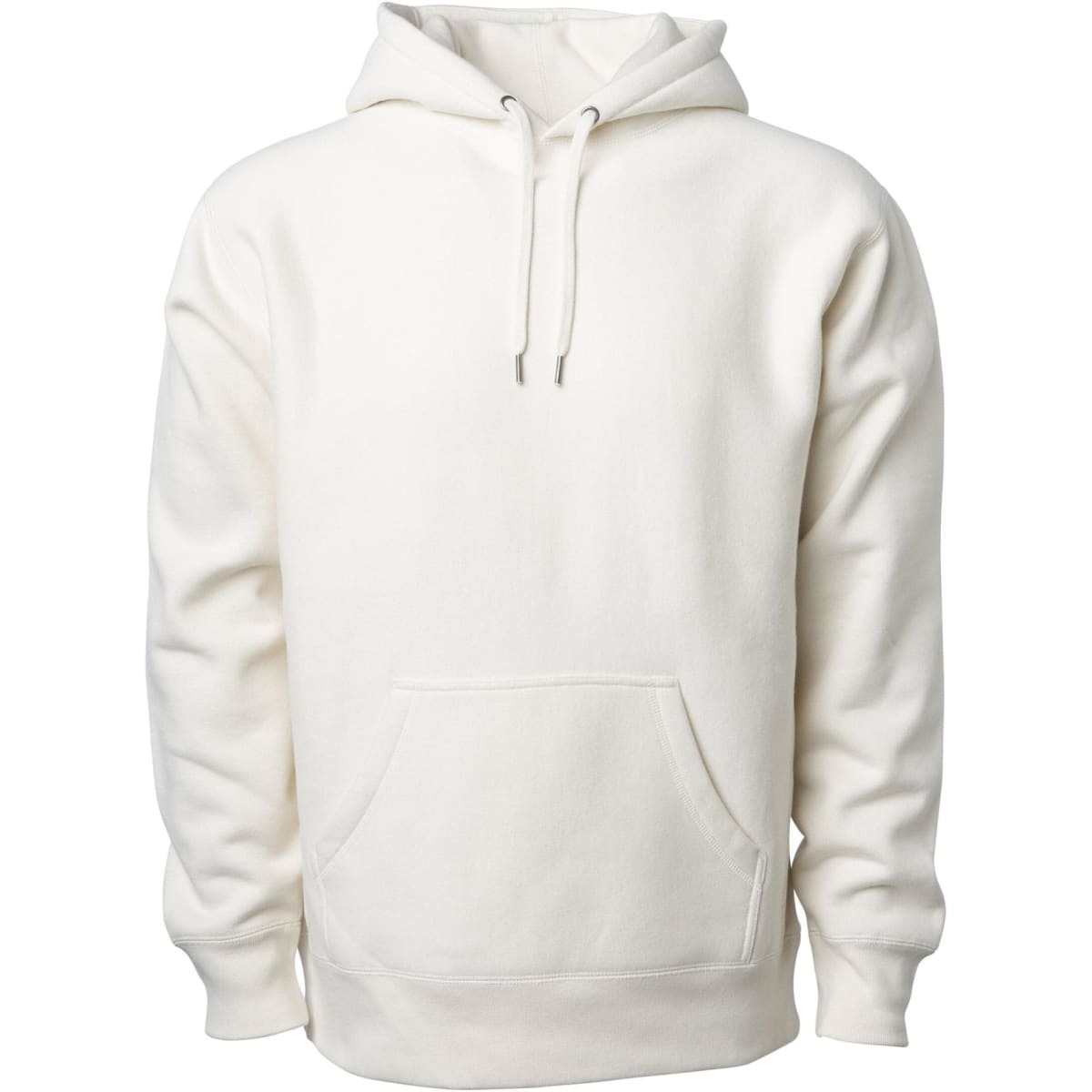 A heavyweight hoodie in cream colour featuring a front pocket and a drawstring hood. It includes a logo on the design.