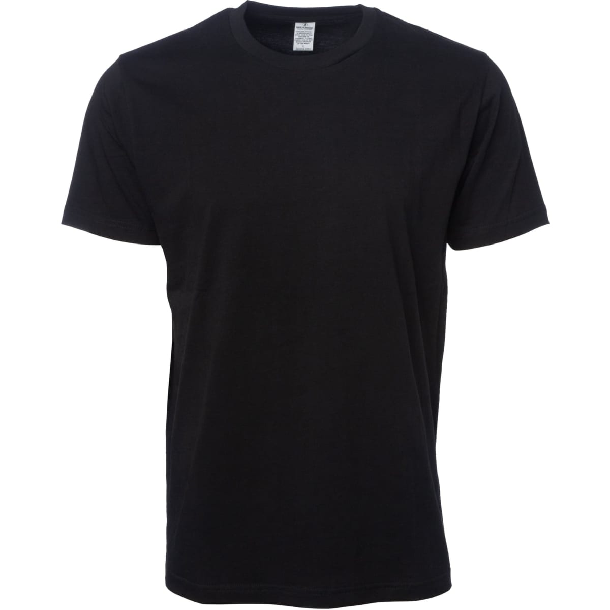 A black heavyweight combed cotton tee with a crew neck and short sleeves. It features a logo on the label.
