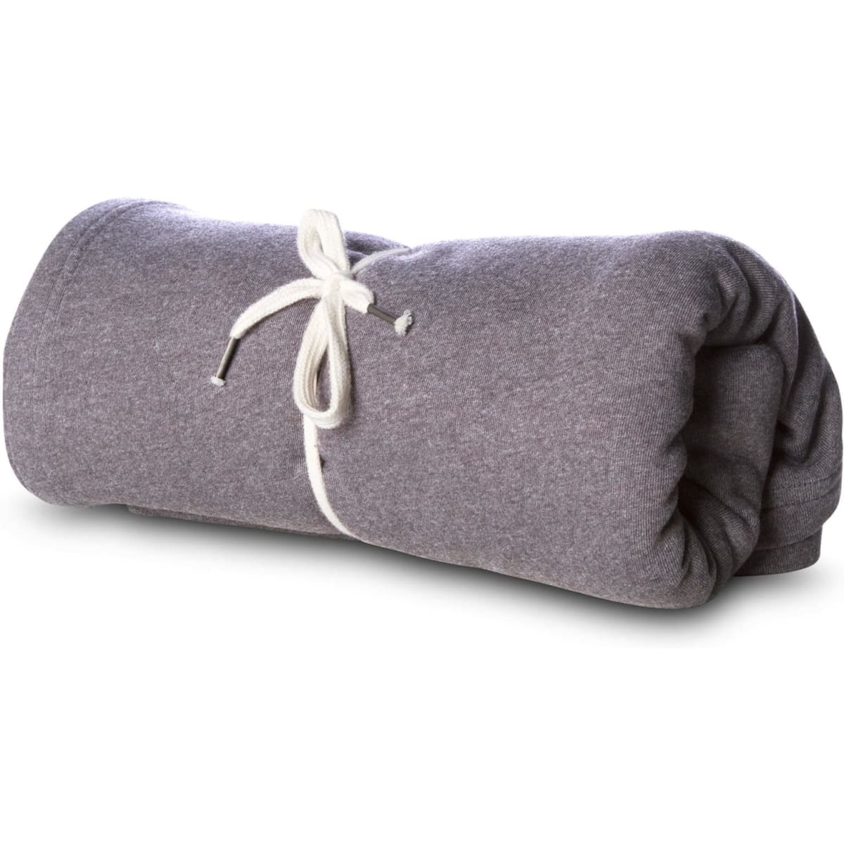 A rolled grey blanket tied with cream ties, featuring a simple, soft, and textured fabric.