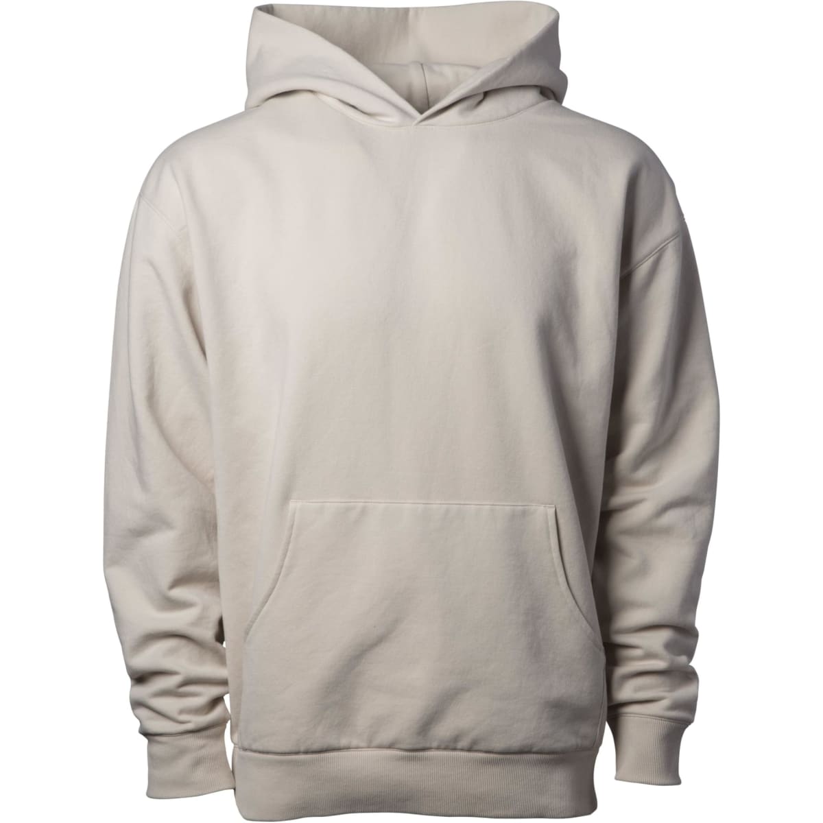 A heavyweight modal hood in a light cream colour with a front pocket and a large hood. It has branding on the garment.
