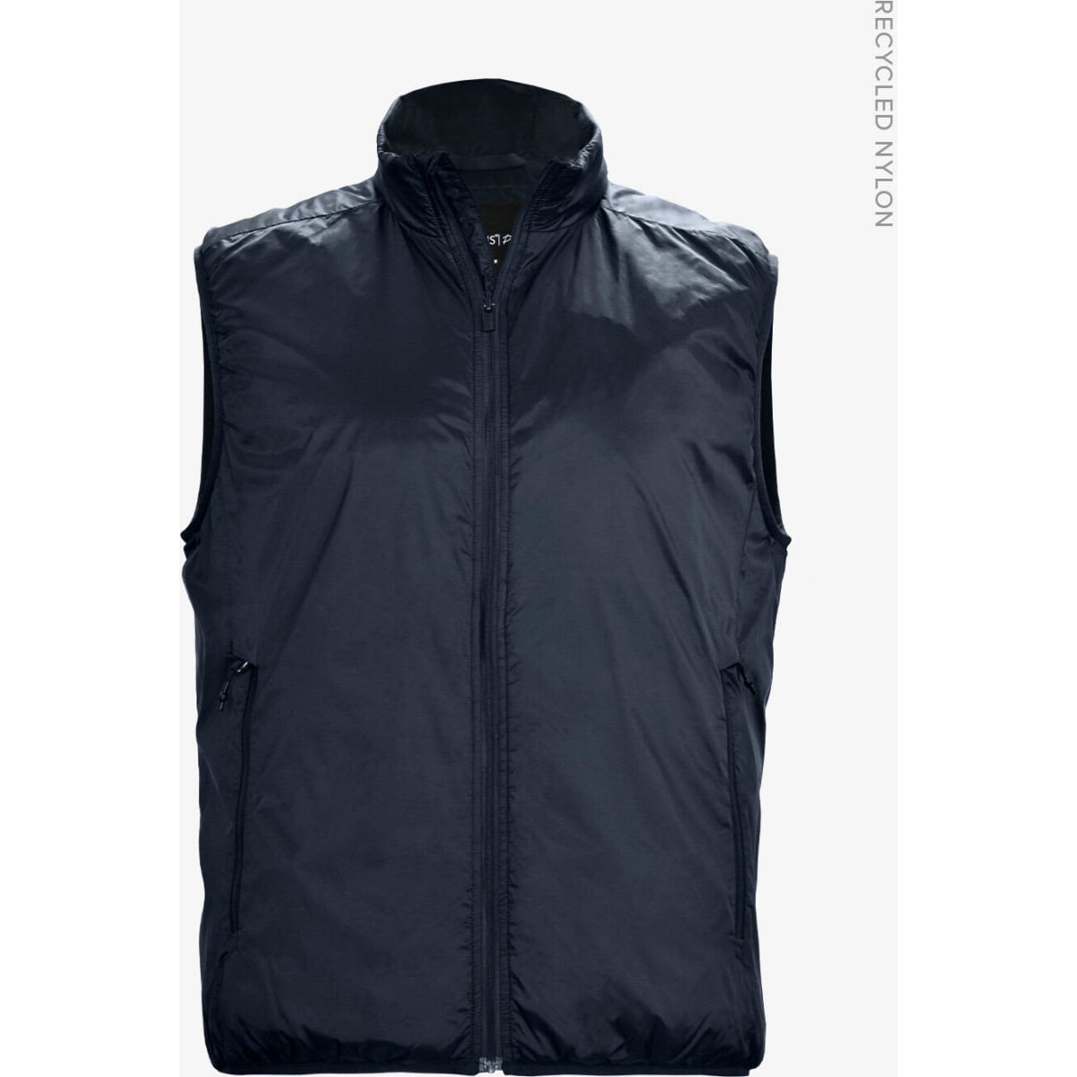 A navy unisex vest made of recycled nylon, featuring a full zip and side pockets. It has a logo on the front.