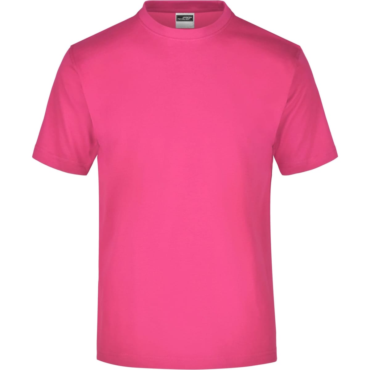 A pink t-shirt with a round neckline and short sleeves. The shirt has a logo on the label.