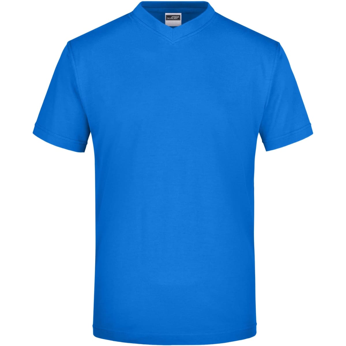 A blue V-neck T-shirt with short sleeves, featuring a logo on the label.