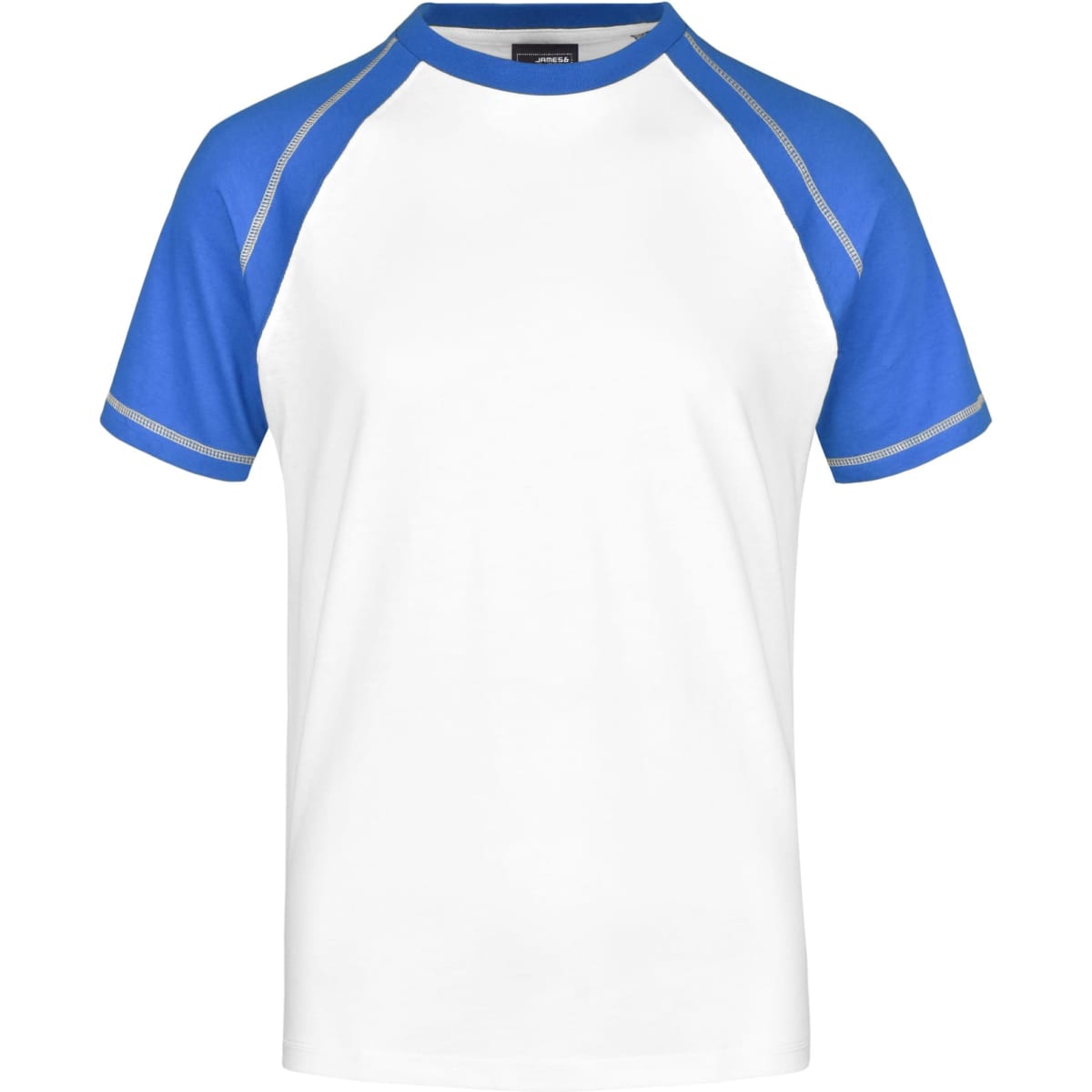 A men's raglan t-shirt featuring a white body and blue sleeves, with contrasting trim and a logo on the label.