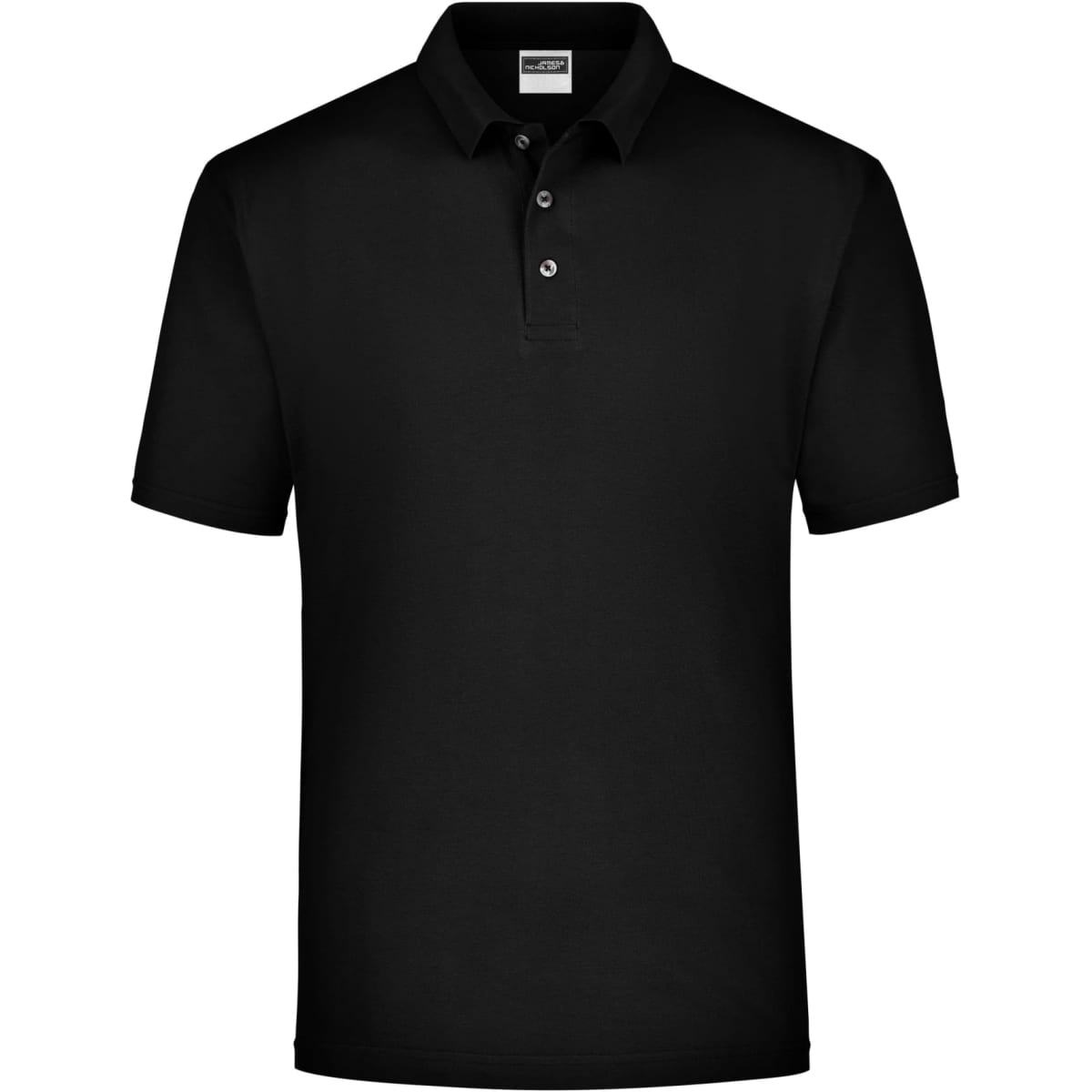 A black polo shirt with a three-button placket and short sleeves, featuring a logo on the chest.
