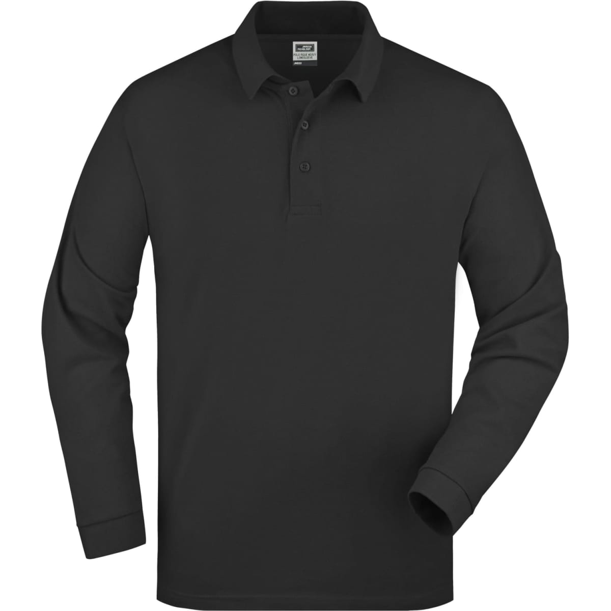 A black long-sleeve polo shirt featuring a collar and three-button placket, with a logo on the chest.