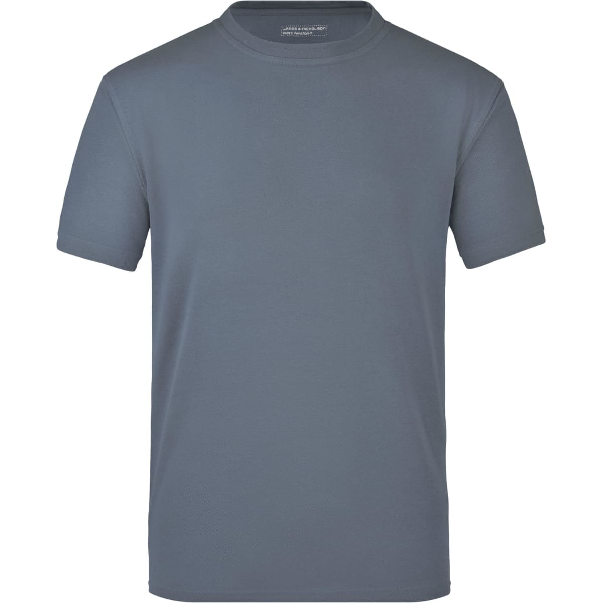 A plain grey T-shirt with a crew neck and short sleeves. The shirt has a logo displayed on it.