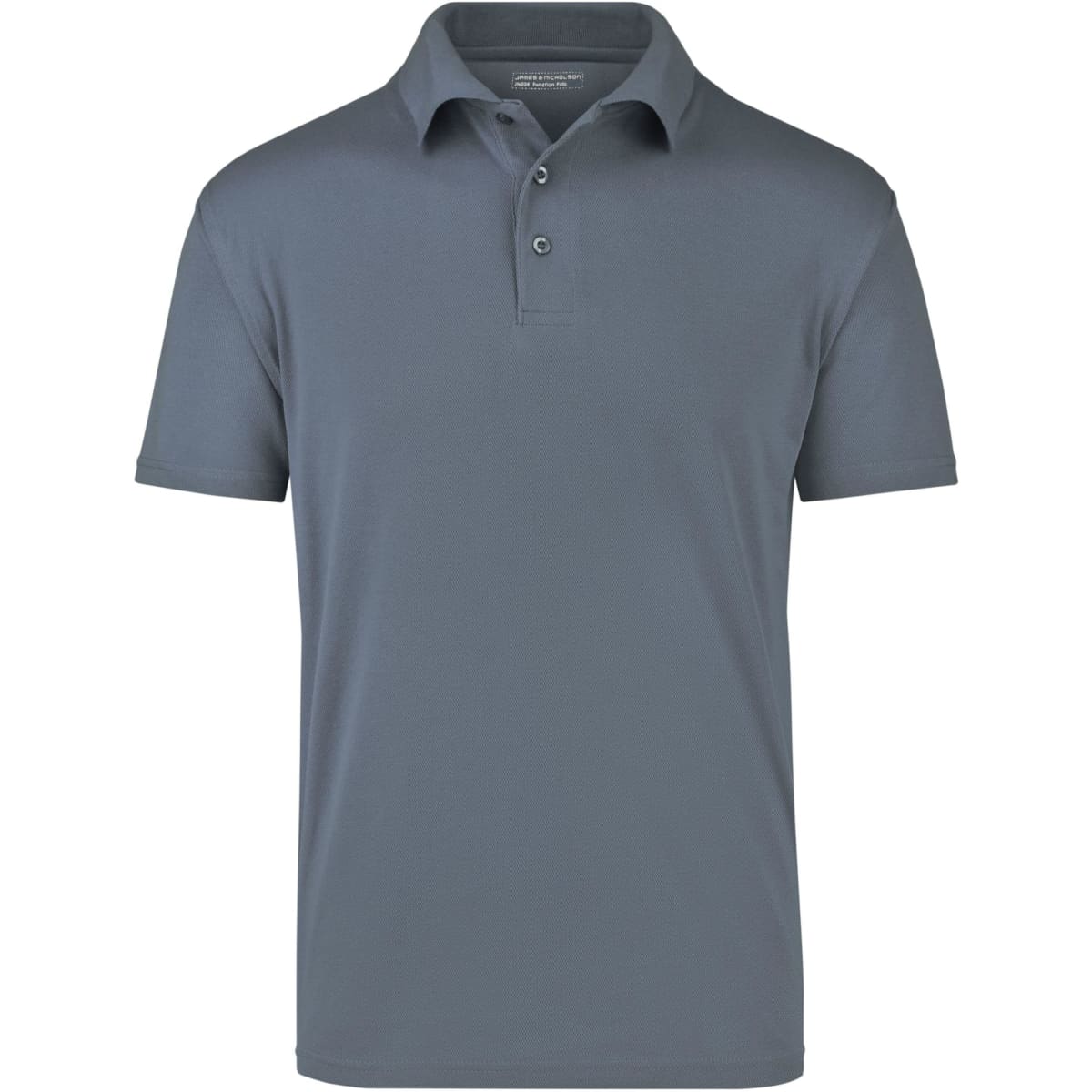 A grey polo shirt featuring a classic collar, short sleeves, and a logo on the chest.
