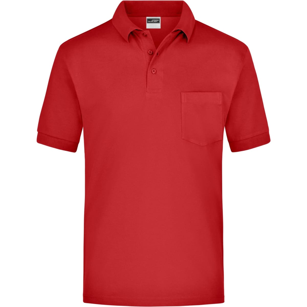 A red polo shirt with a collar and a single pocket on the left chest, featuring a logo.