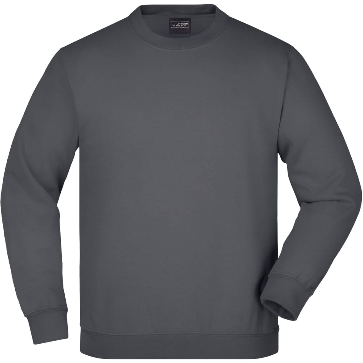 A round neck, long-sleeved jumper in dark grey, featuring a logo on the chest.