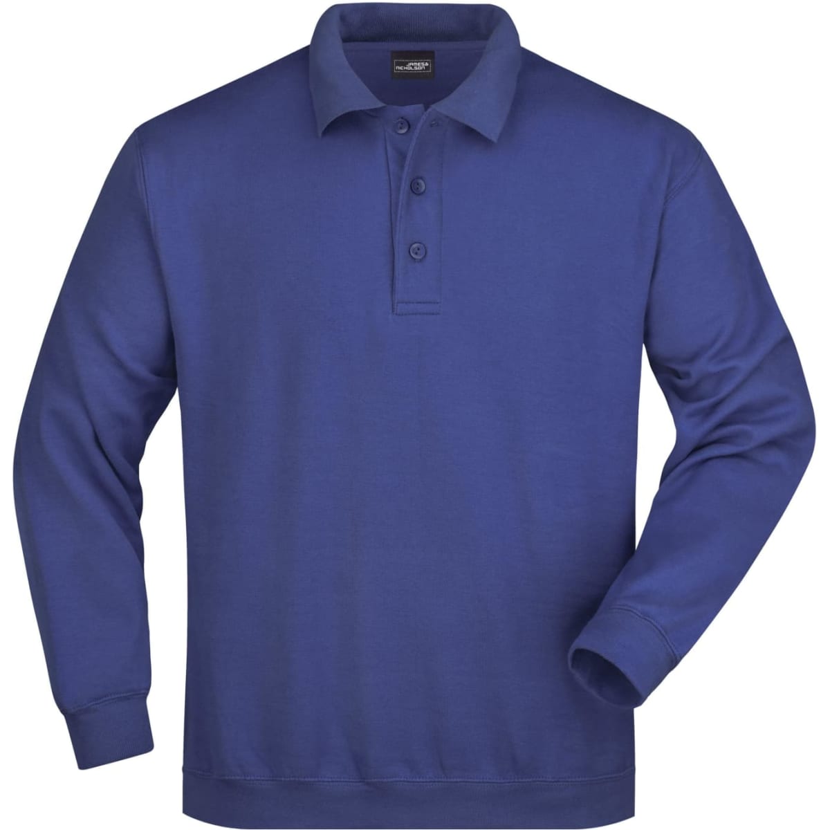 A purple long-sleeve polo shirt with a collar and three buttons. It features a logo on the chest.