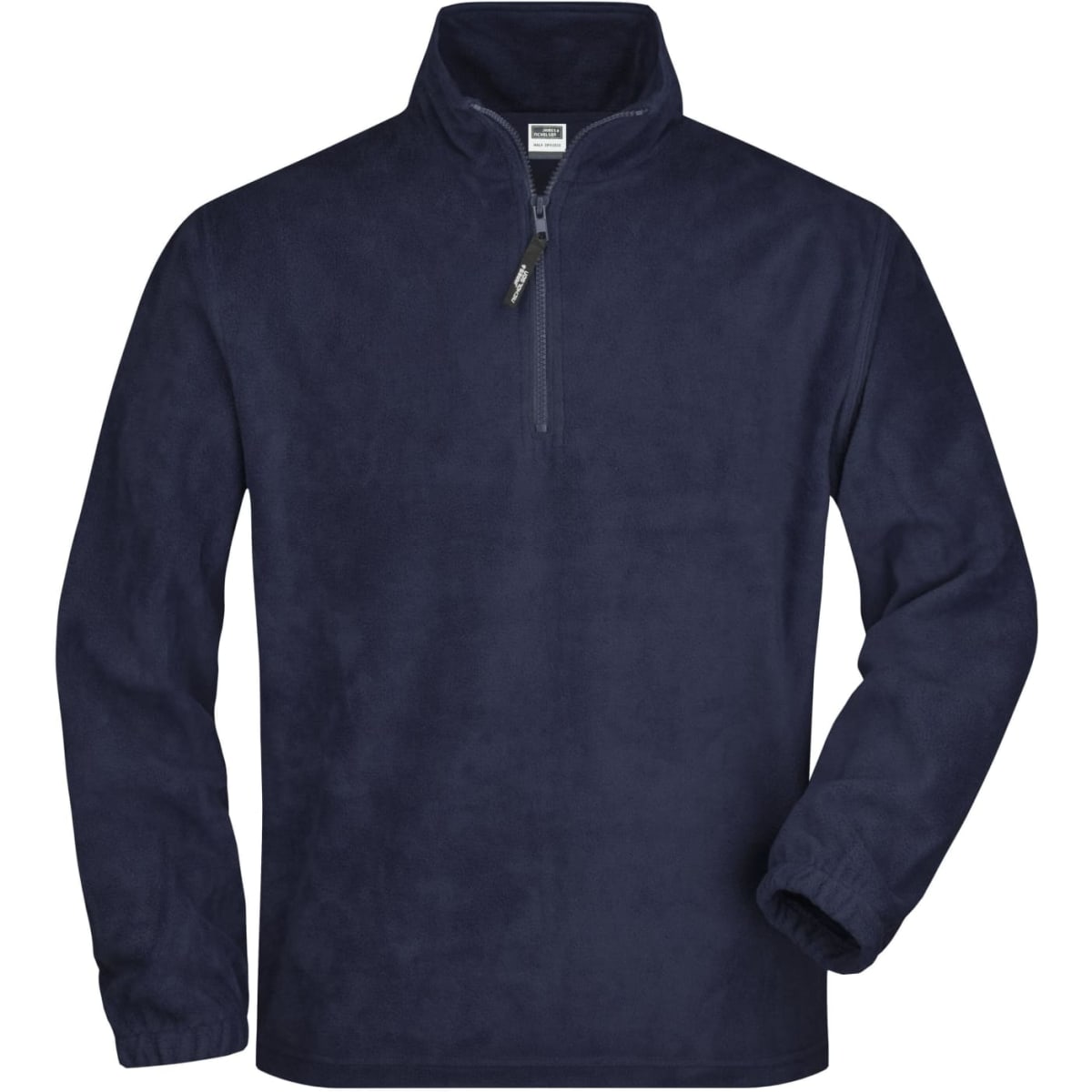 A navy half-zip fleece jacket with a stand-up collar and long sleeves, featuring a logo.