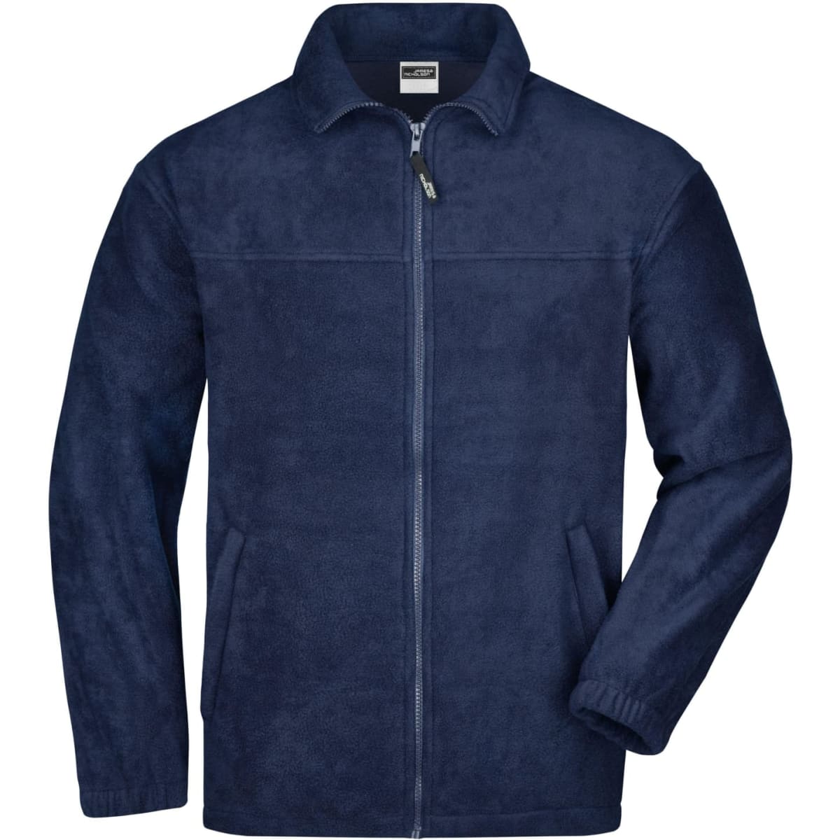 A navy full-zip polar fleece jacket with a collar and side pockets, featuring a logo.