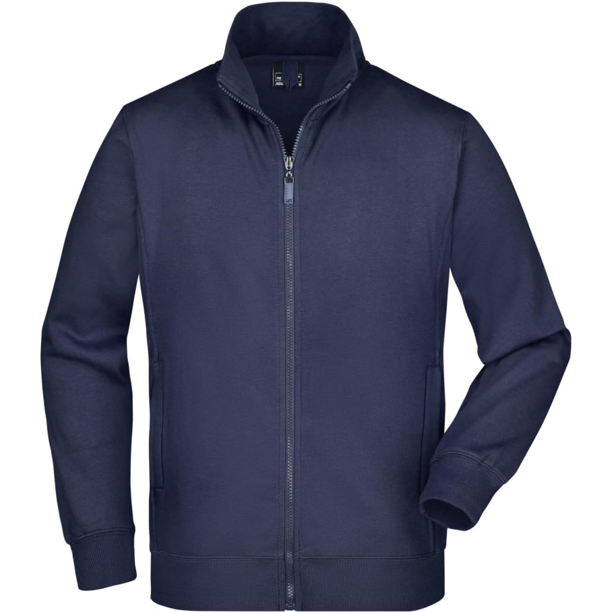 A navy men's jacket featuring a zip front and a stand-up collar, with one sleeve visible. It has a logo on the chest.