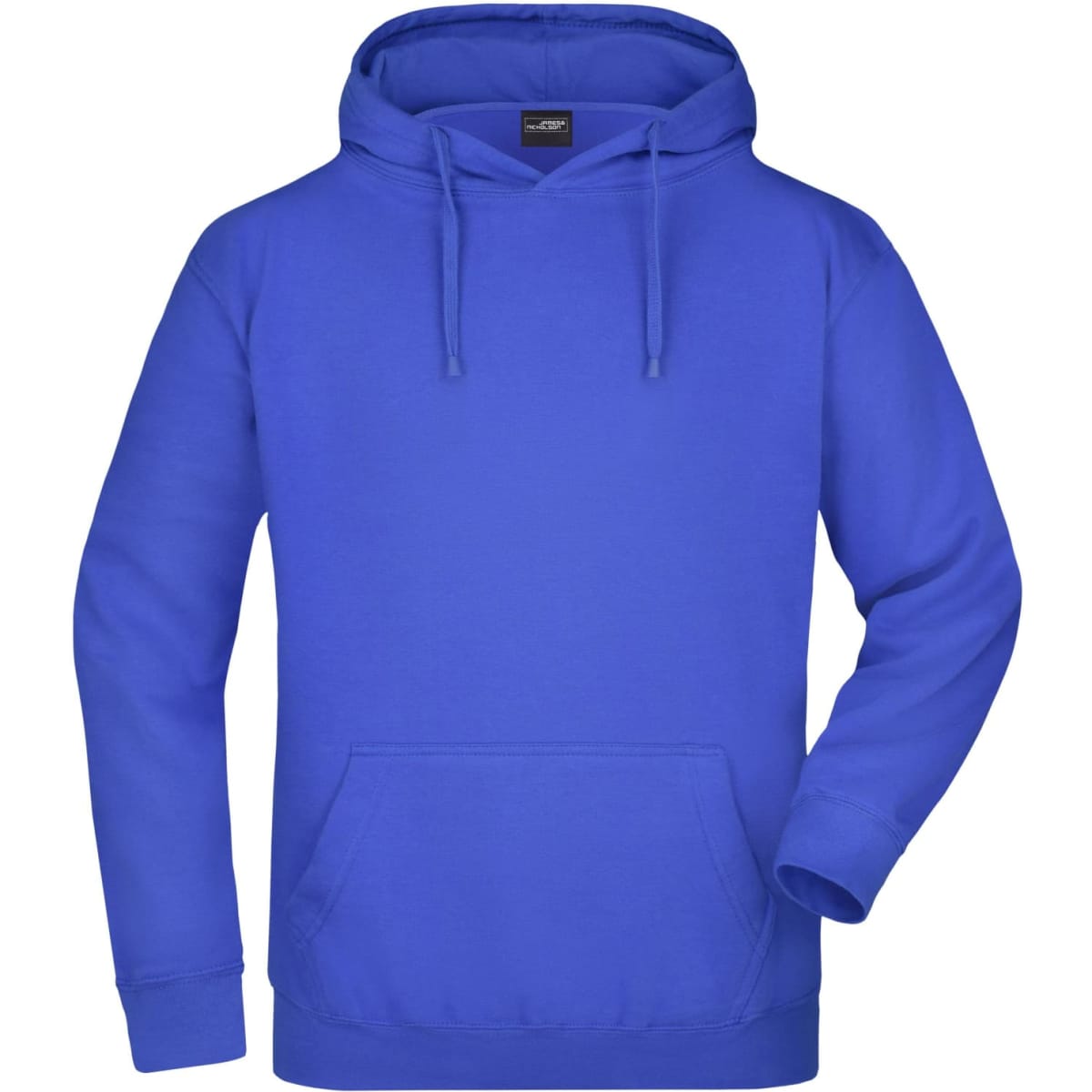A bright blue hooded sweatshirt with a front pocket and a drawstring hood. It features a logo.