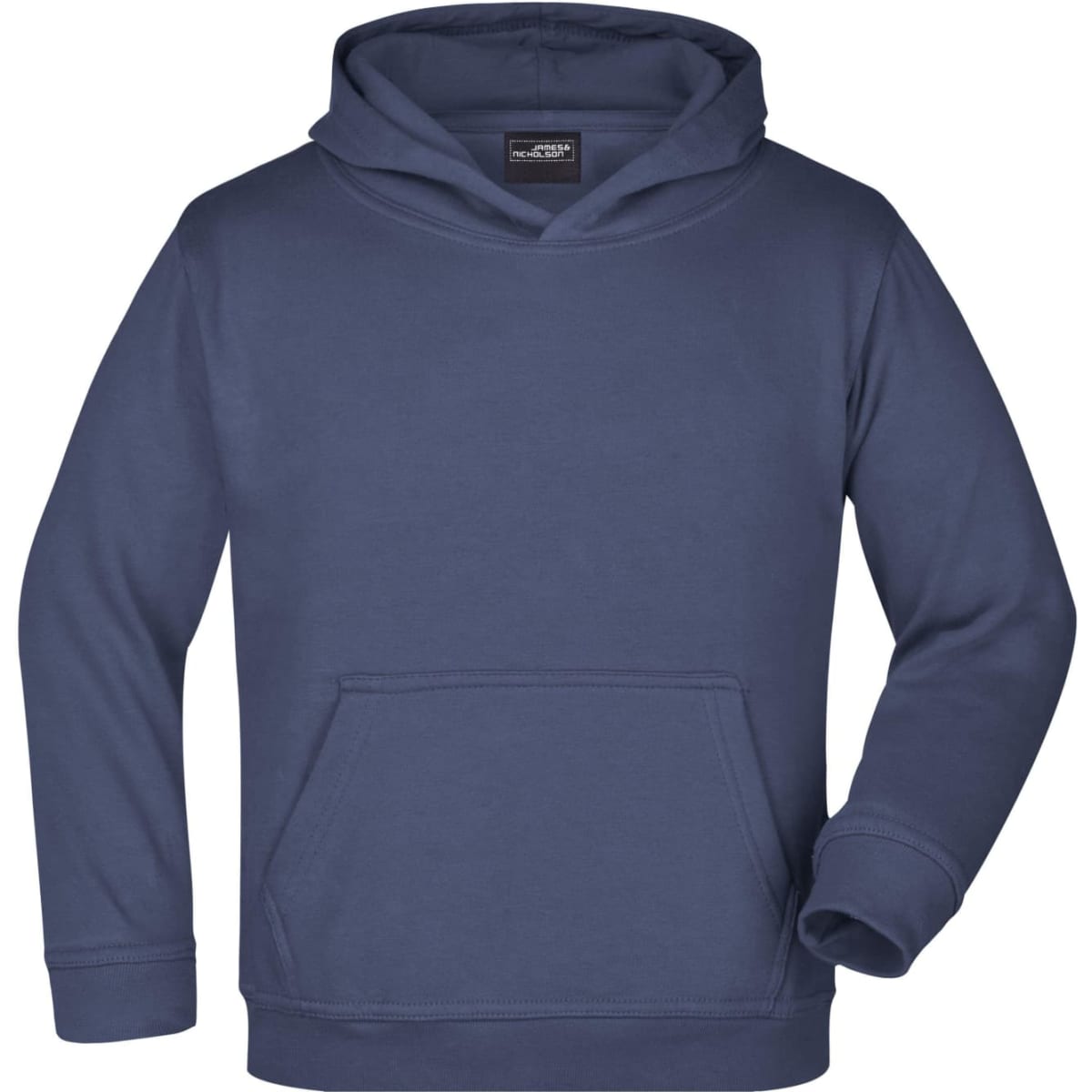 A navy blue hooded sweatshirt with a front pocket and a logo on the label.