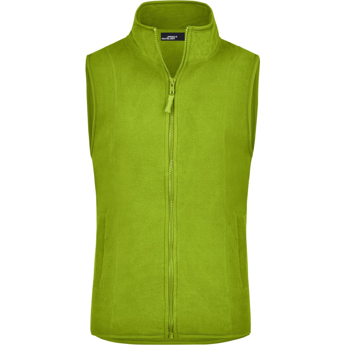 A bright green microfleece vest with a high collar and zip front, featuring a logo on the chest.
