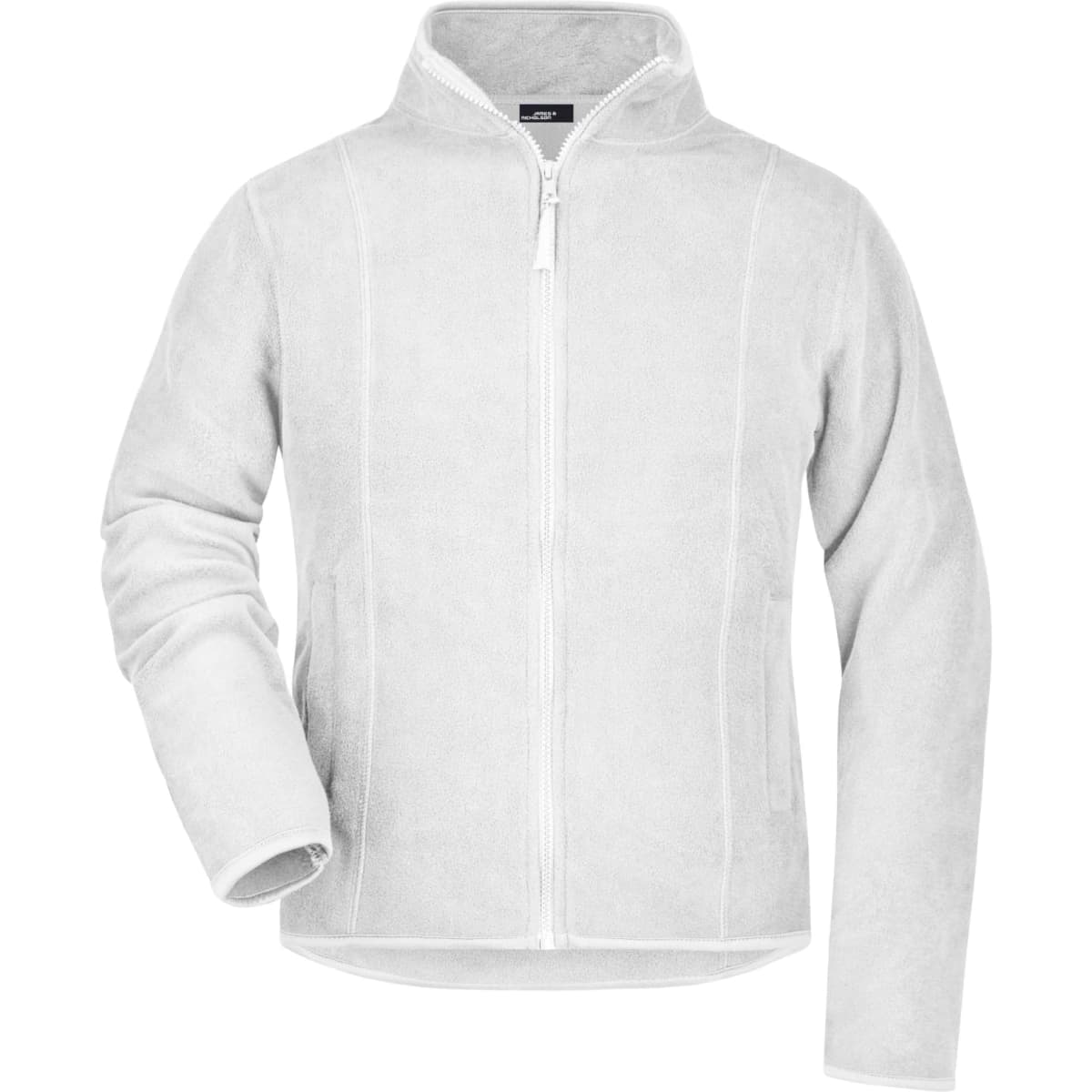 A white microfleece jacket featuring a zip front, long sleeves, and a collar. It has a logo on it.