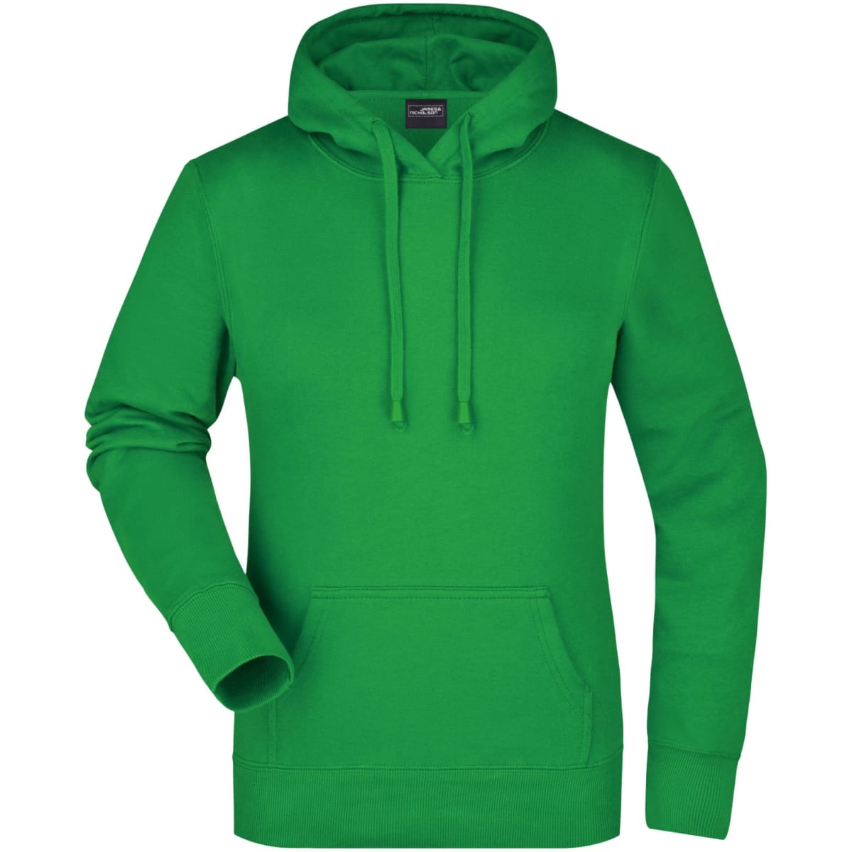 A green hooded sweatshirt featuring a front pocket and drawstrings, with a logo on the label.