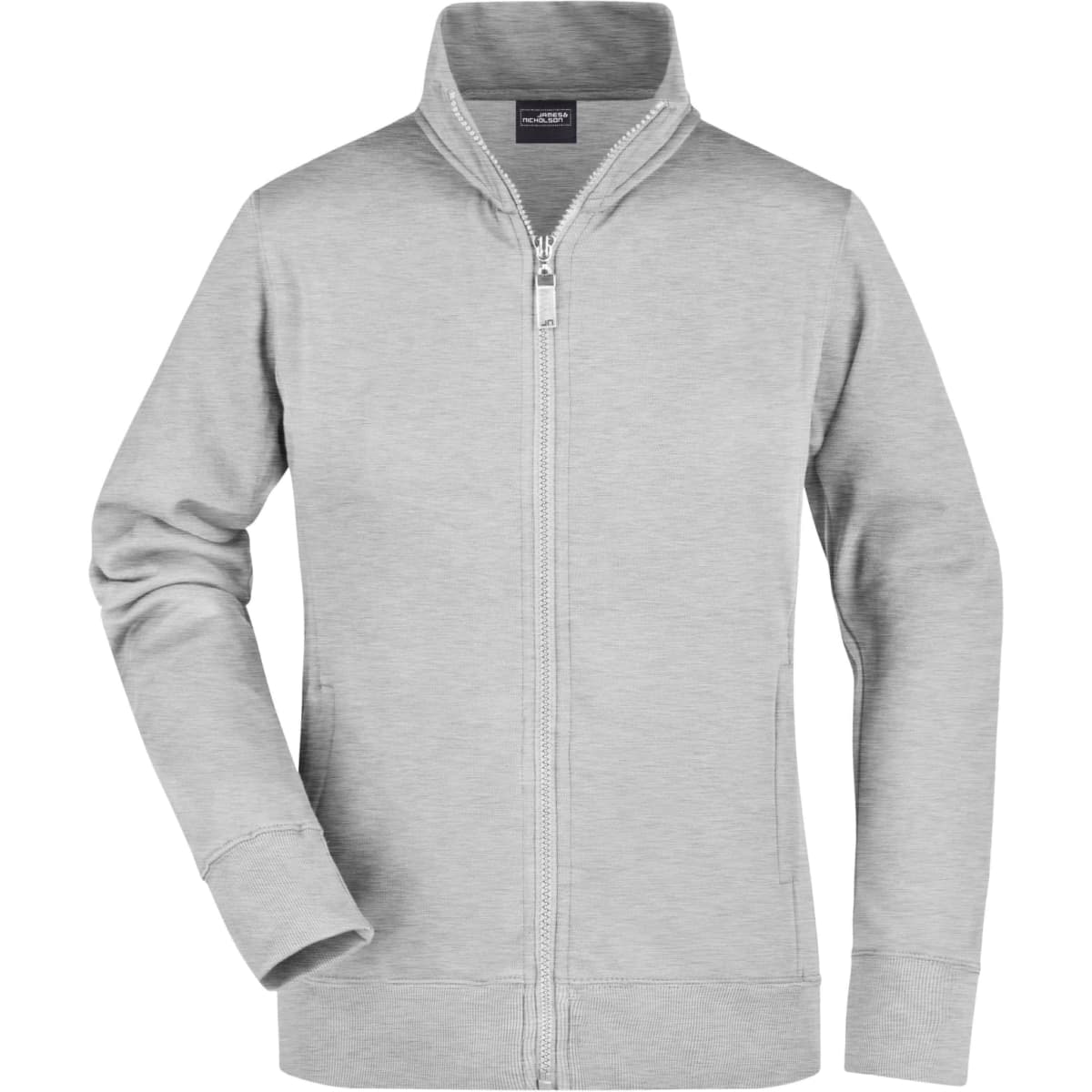A grey ladies jacket with a zip front and a high collar, featuring long sleeves and a fitted design.