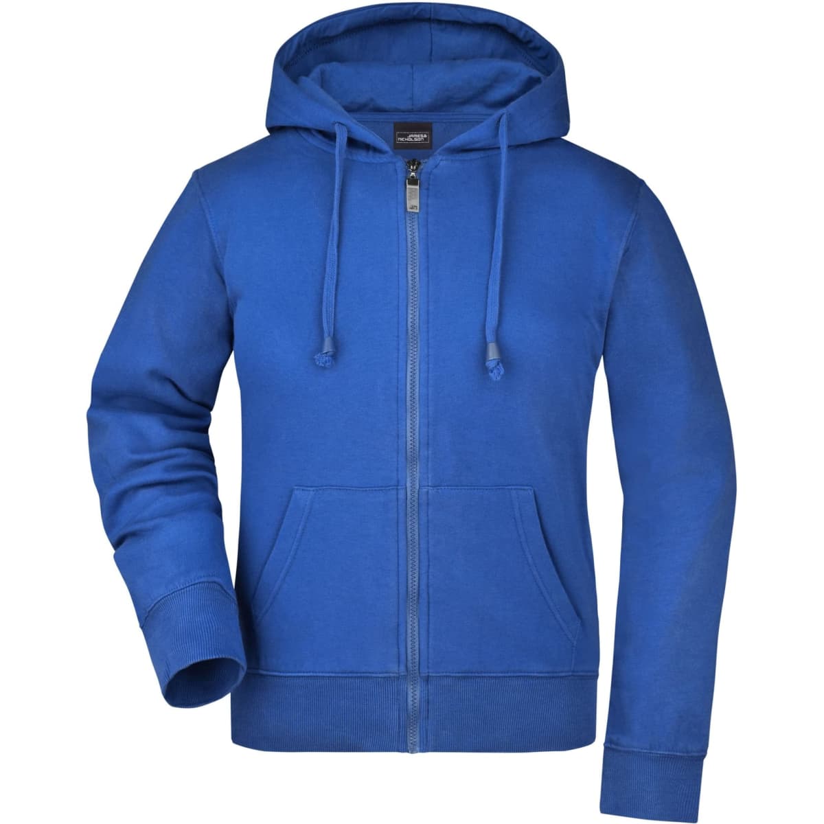 A blue hooded jacket with a zipper and front pockets. Features a logo on the chest area.
