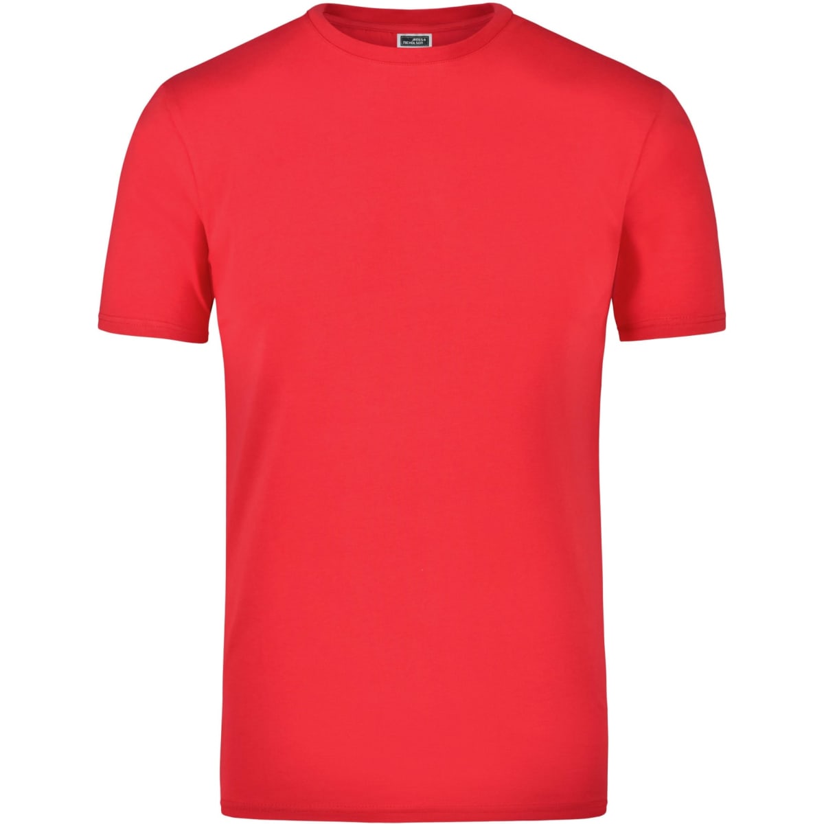 A red Elastic T-Shirt with a round neck and short sleeves, featuring a logo on the label.