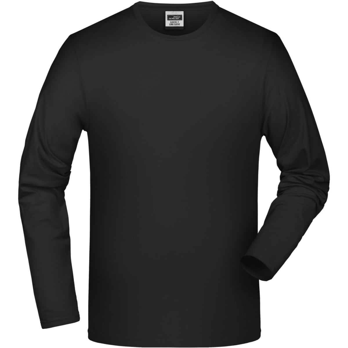 A black long-sleeve elastic T-shirt displayed on a plain background, featuring a logo on the label.