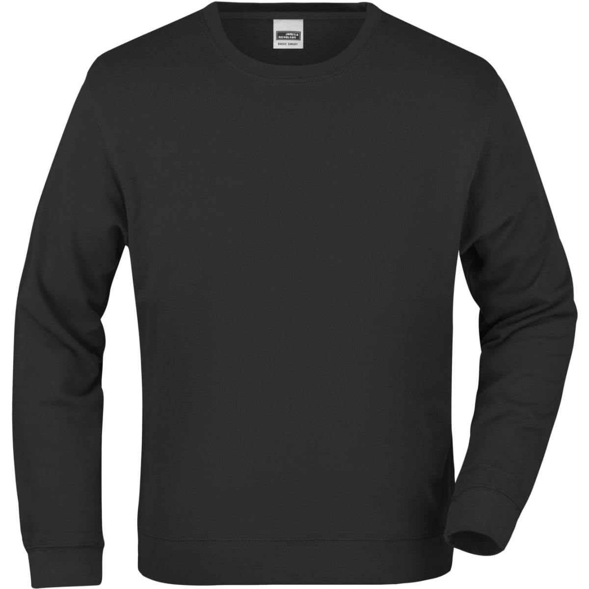 A black sweatshirt with long sleeves and a crew neckline. The item features a basic design and has a logo.