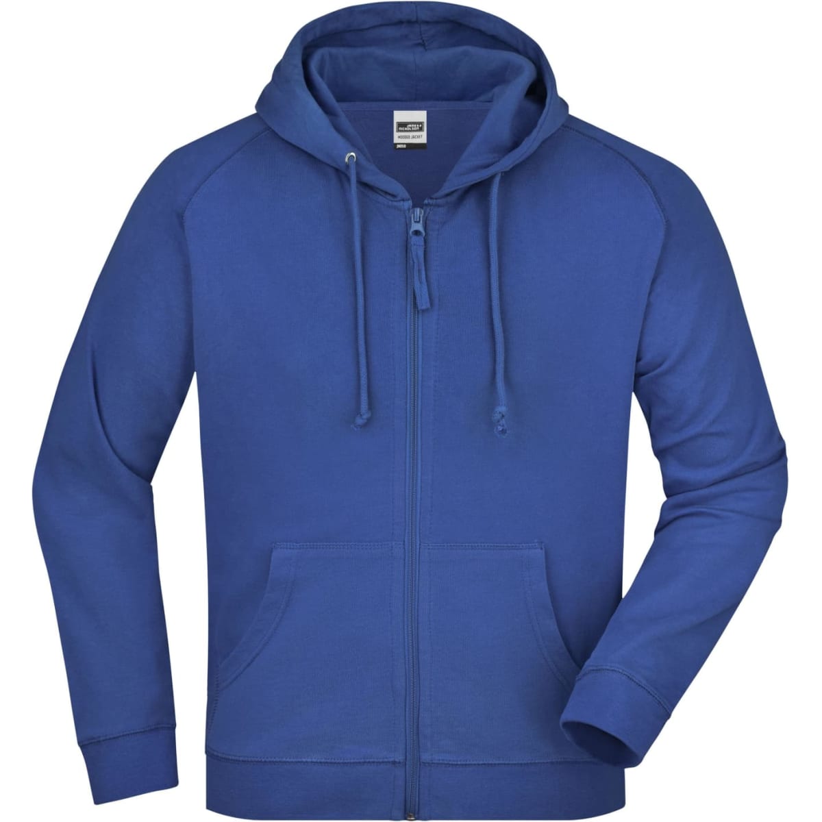 A blue hooded jacket with a zip front, featuring a front pocket and a logo on the chest.