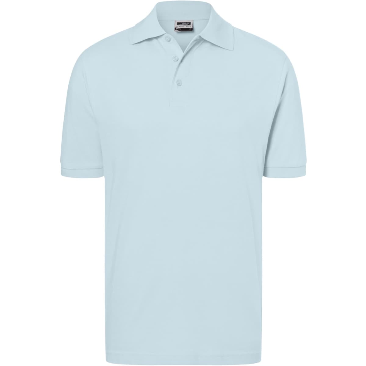 A light blue polo shirt with a collar and a logo on the chest. Short sleeves and a classic fit.