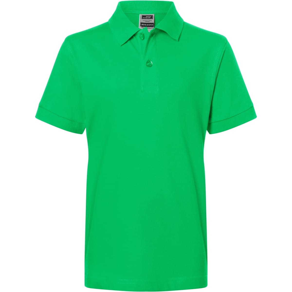 A bright green polo shirt featuring a collar and short sleeves, with a tag at the neck and a logo.