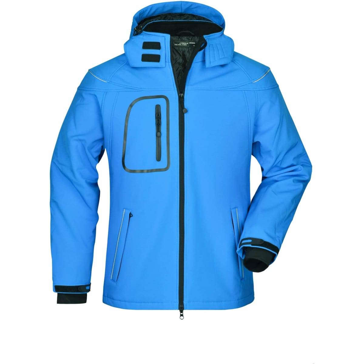 A blue men's winter softshell jacket with a zip front, hood, and a pouch pocket, featuring a logo.