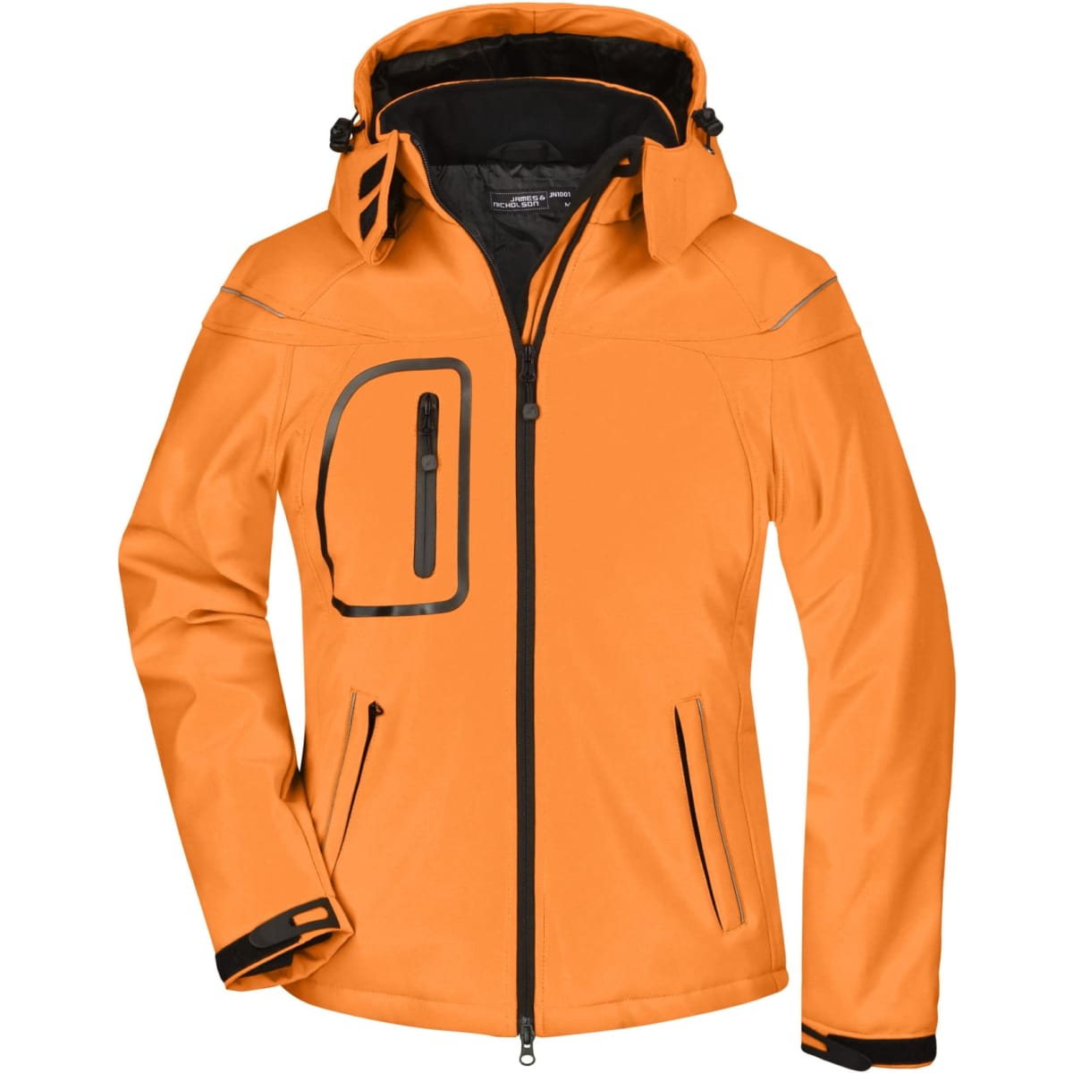An orange ladies softshell jacket with a hood, zippered front, and multiple pockets, featuring a contrasting black interior.