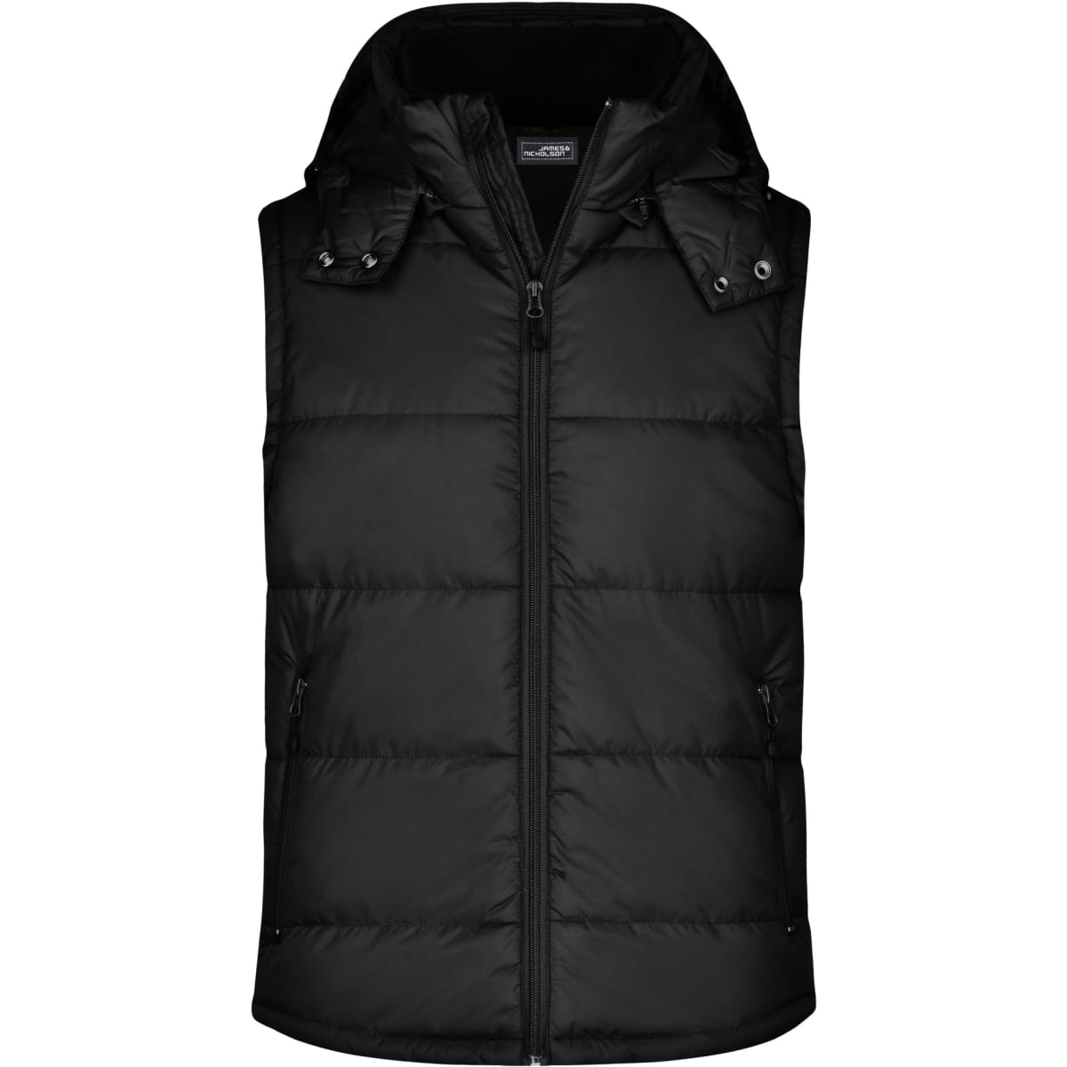 A black padded vest with a hood, featuring a zip front and side pockets. It includes a logo on the chest.